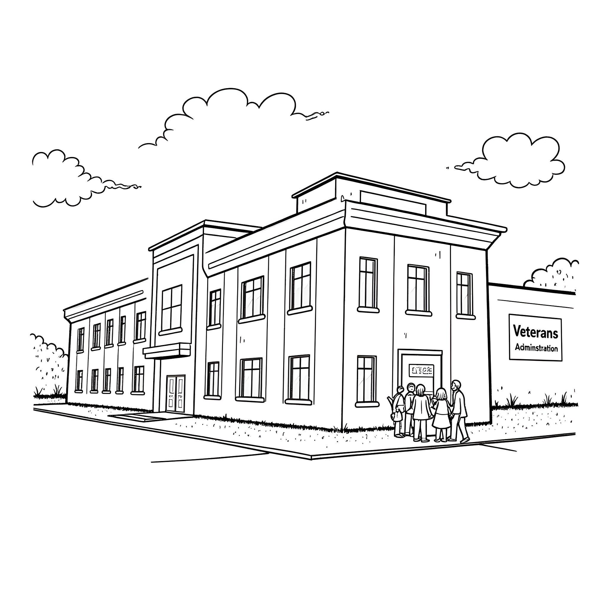 Veteran administration building exterior sketch Coloring Page (free black-and-white line drawing printable PDF for all, from beginners to advanced learners, including children, teens, adults, and seniors)