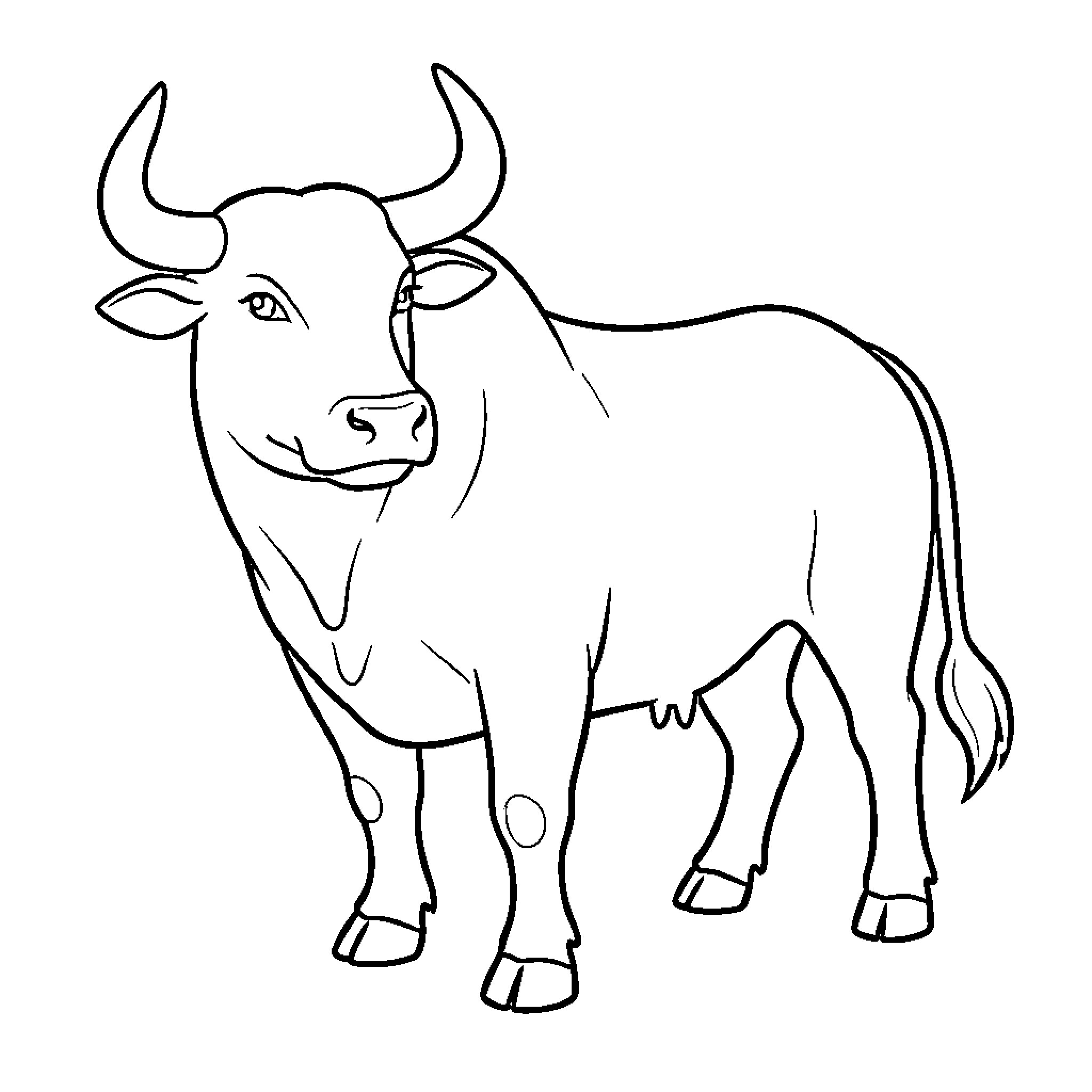 Bull standing calmly and looking towards the viewer Coloring Page (free black-and-white line drawing printable PDF for all, from beginners to advanced learners, including children, teens, adults, and seniors)