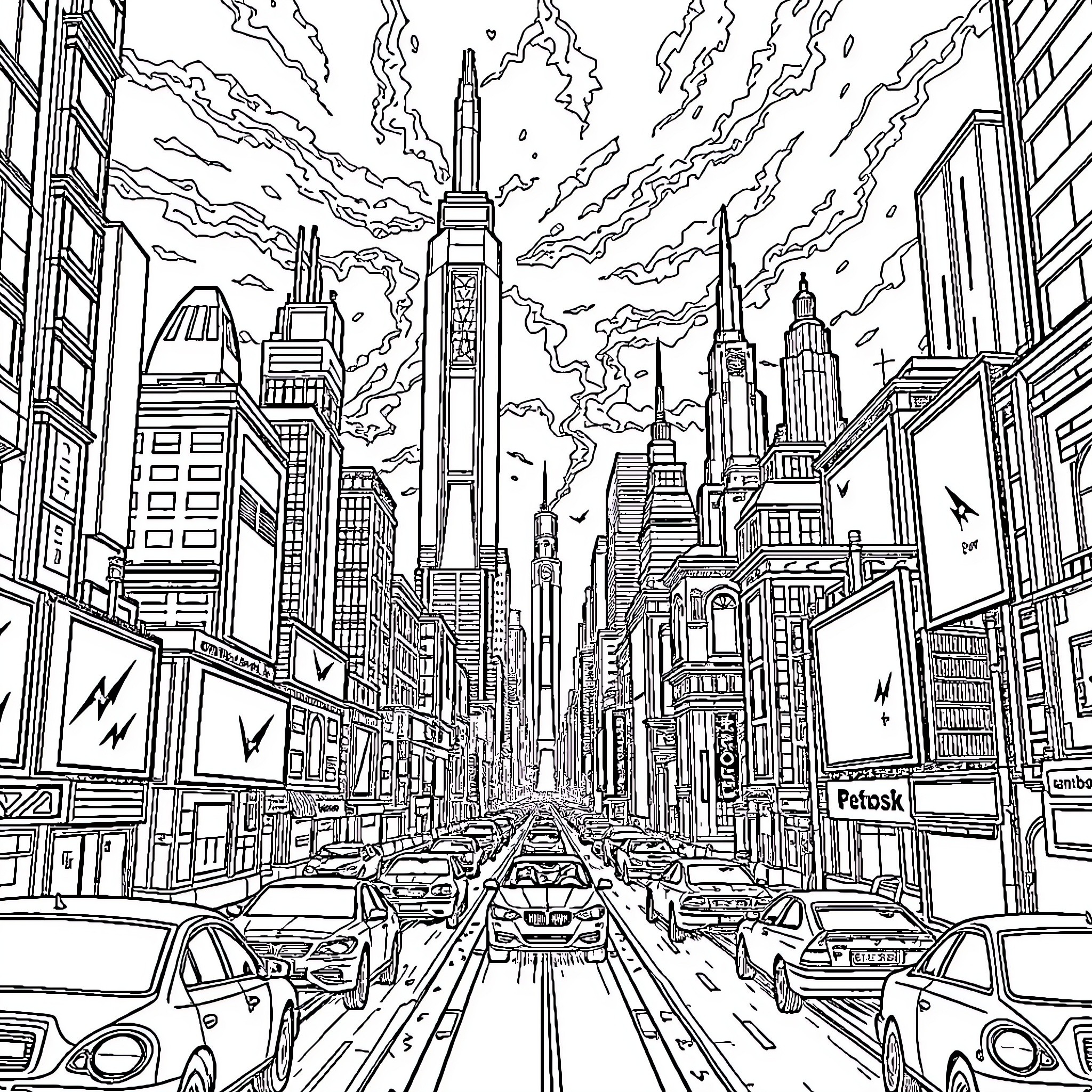 Cyberpunk City Bustling With Traffic and Towering Skyscrapers Coloring Page (free black-and-white line drawing printable PDF for all, from beginners to advanced learners, including children, teens, adults, and seniors)