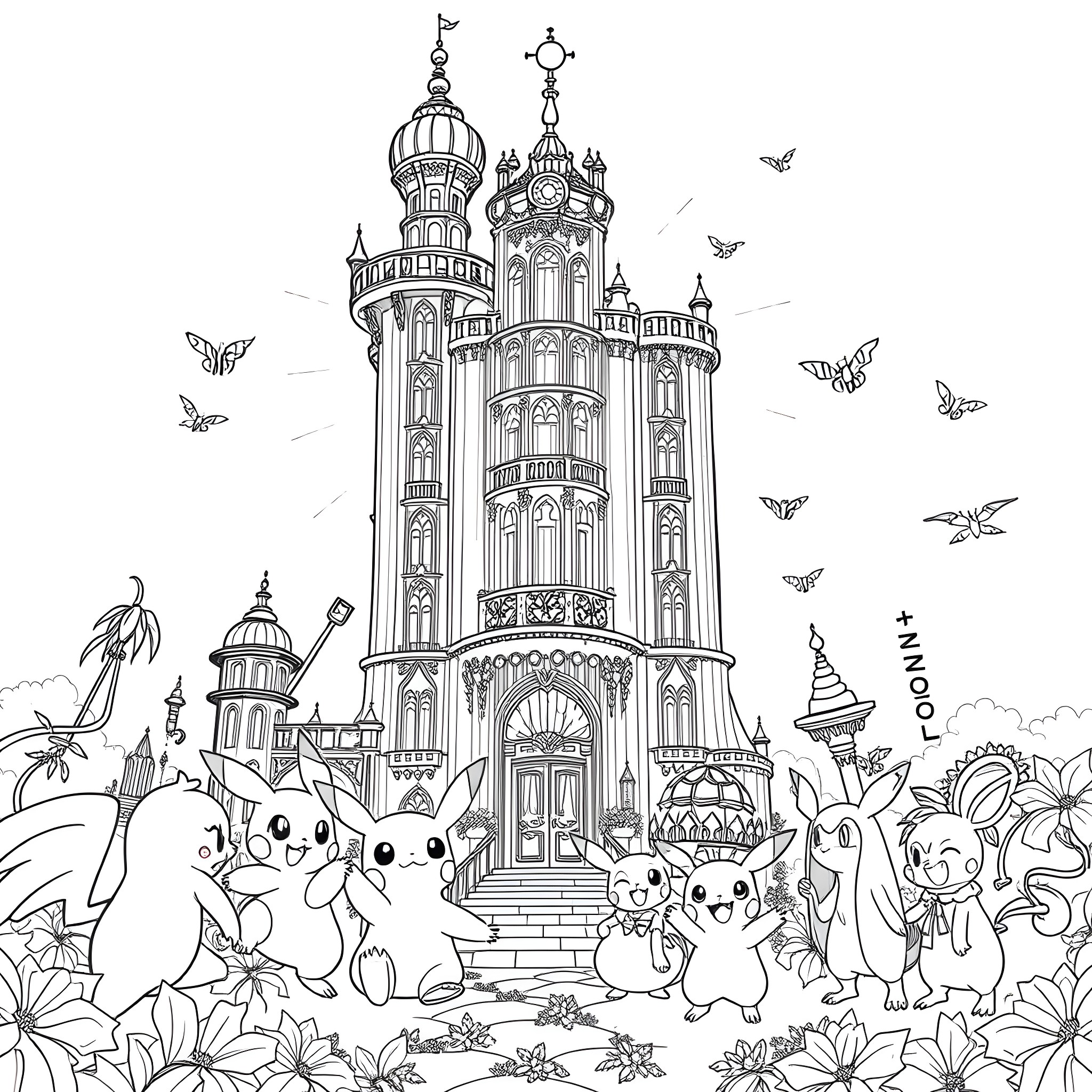 Pokémon Gathering at Whimsical Palace Coloring Page (free black-and-white line drawing printable PDF for all, from beginners to advanced learners, including children, teens, adults, and seniors)