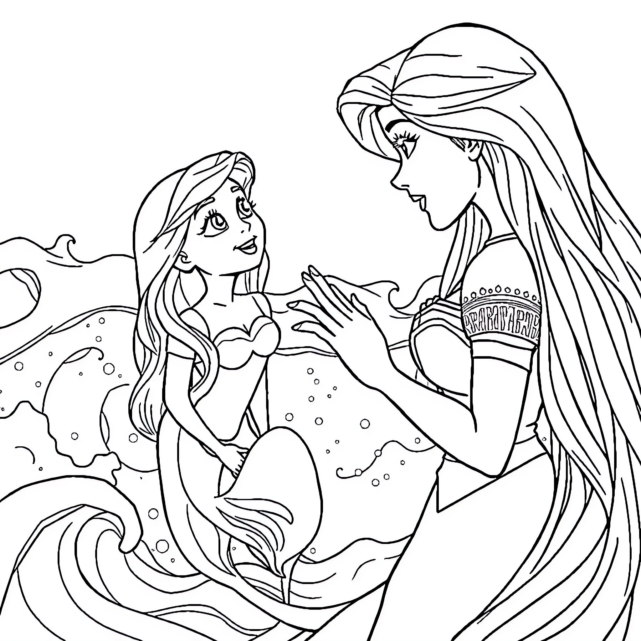 Rapunzel Mermaid Sisters Conversing by the Sea Coloring Page (free black-and-white line drawing printable PDF for all, from beginners to advanced learners, including children, teens, adults, and seniors)