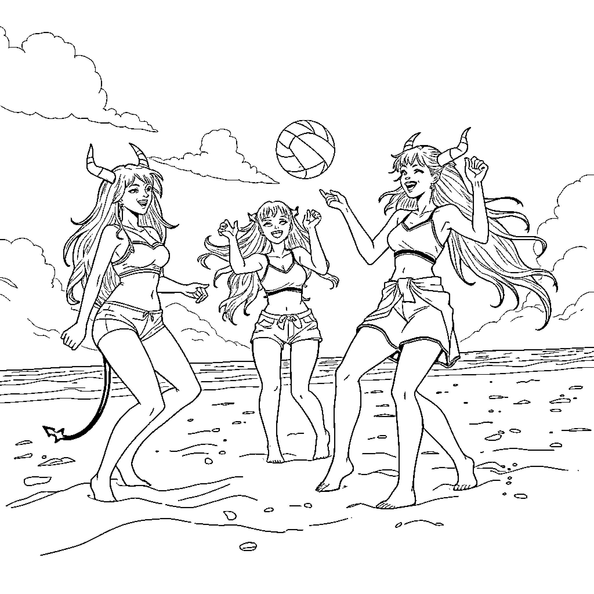 Demon Hunters Engaging in Beach Volleyball Coloring Page (free black-and-white line drawing printable PDF for all, from beginners to advanced learners, including children, teens, adults, and seniors)