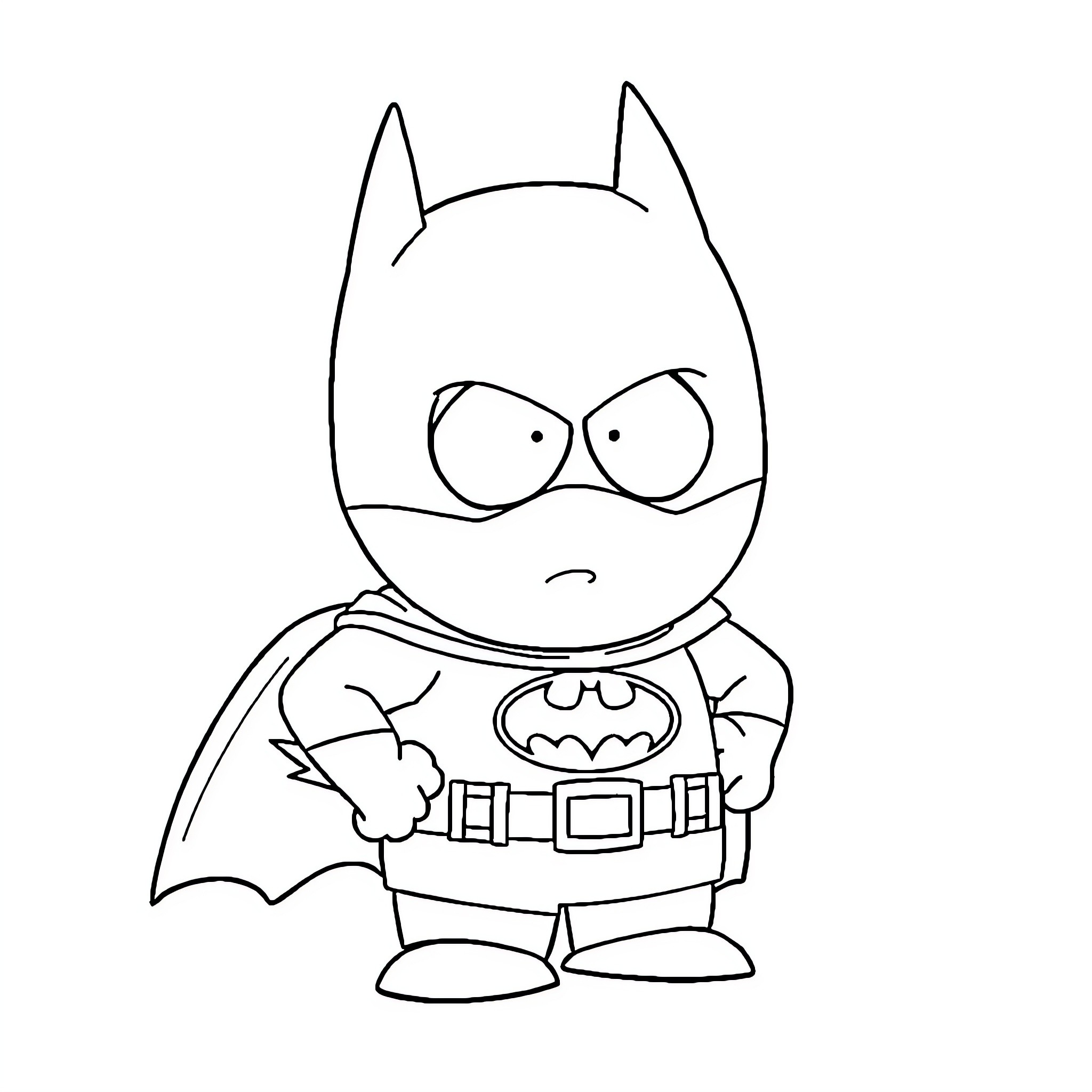 Eric Cartman as angry superhero in costume Coloring Page (free black-and-white line drawing printable PDF for all, from beginners to advanced learners, including children, teens, adults, and seniors)
