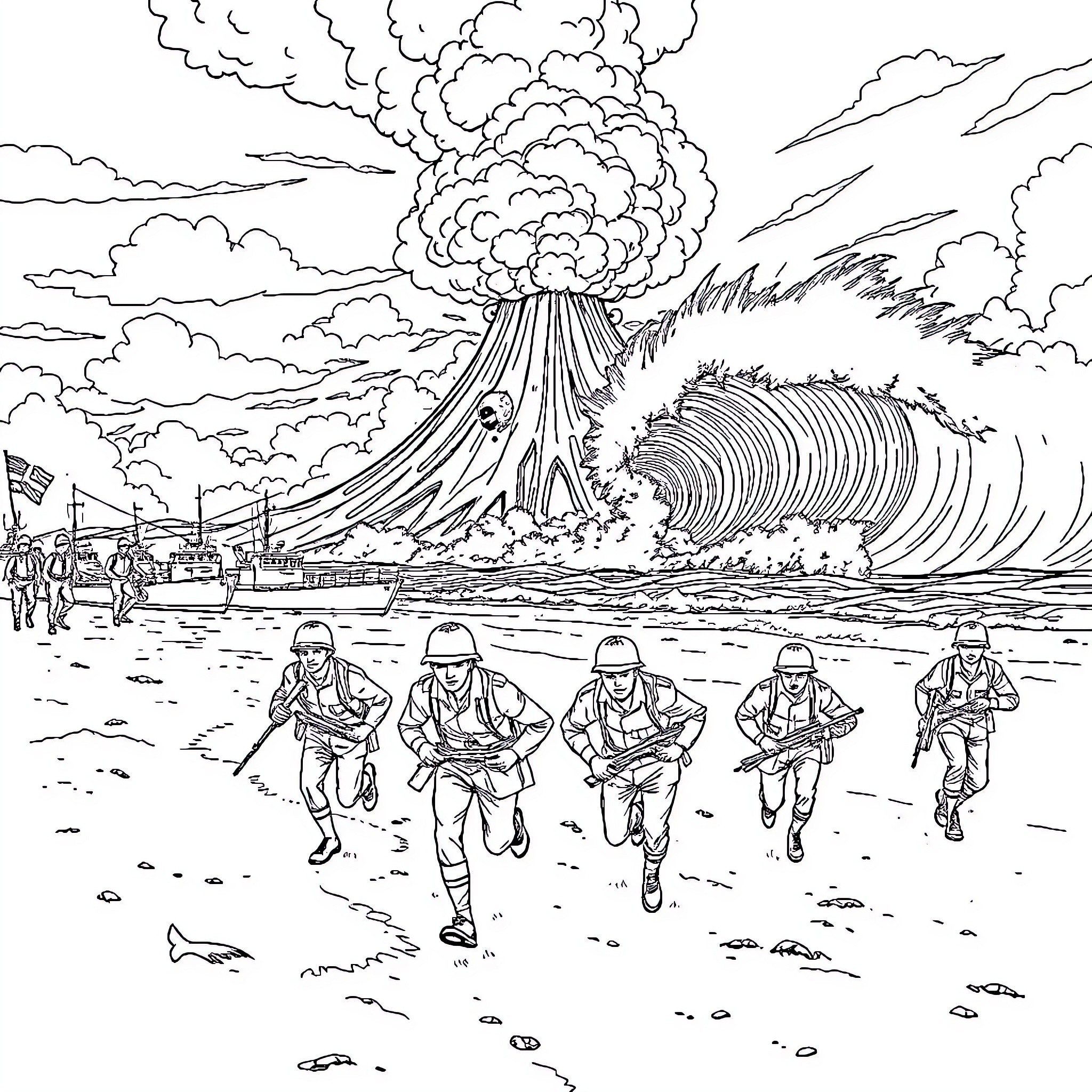 Soldier squad charging forward amid explosion and chaos Coloring Page (free black-and-white line drawing printable PDF for all, from beginners to advanced learners, including children, teens, adults, and seniors)