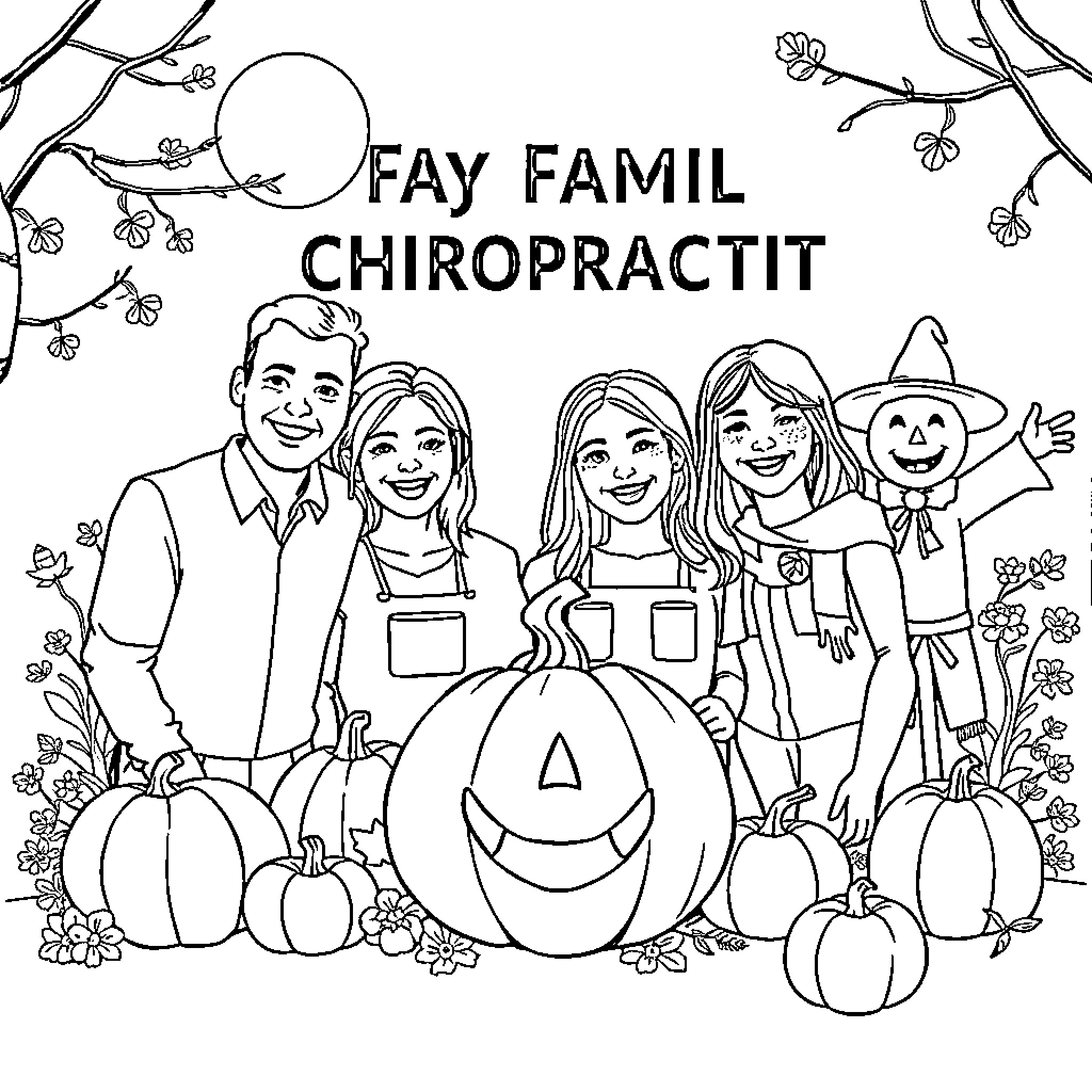 Patient Family Celebrates Halloween Together Coloring Page (free black-and-white line drawing printable PDF for all, from beginners to advanced learners, including children, teens, adults, and seniors)