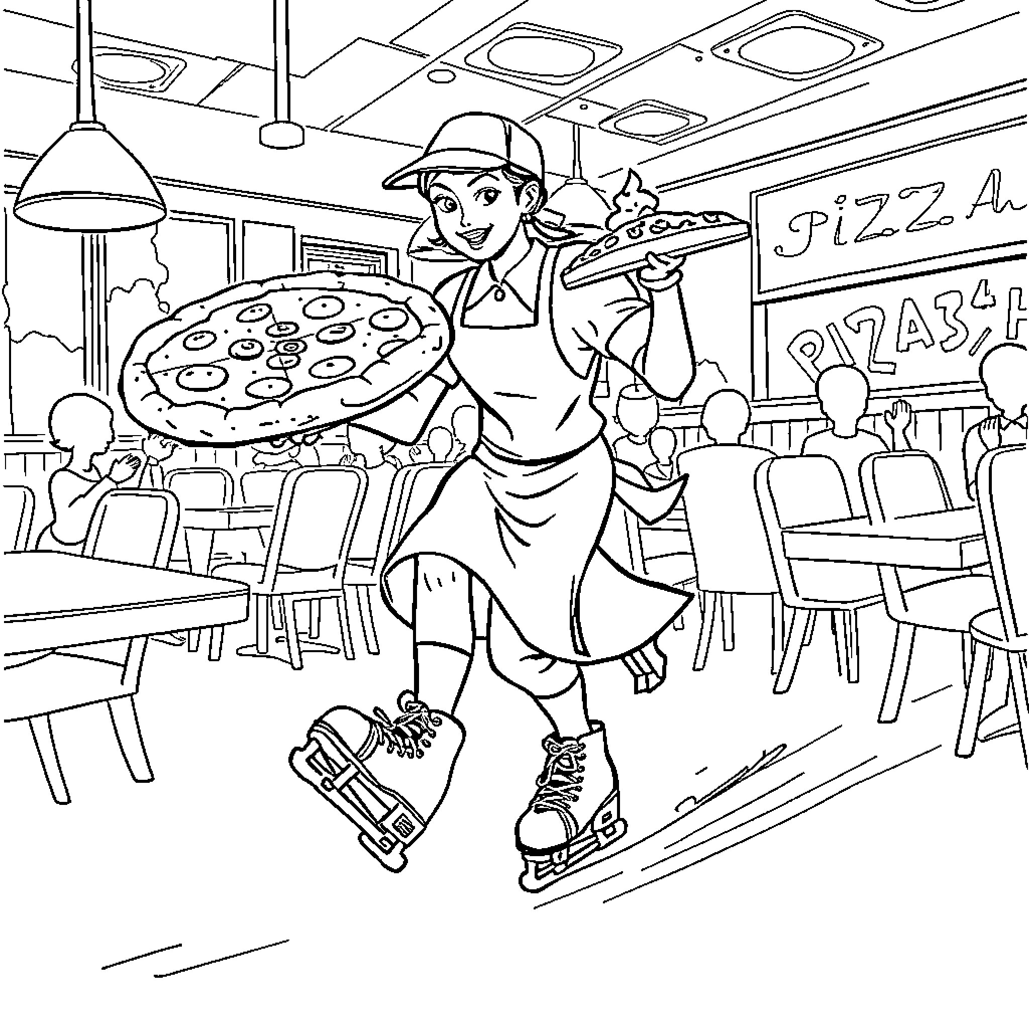 Pizza Hut employee serving customers in a pizzeria Coloring Page (free black-and-white line drawing printable PDF for all, from beginners to advanced learners, including children, teens, adults, and seniors)