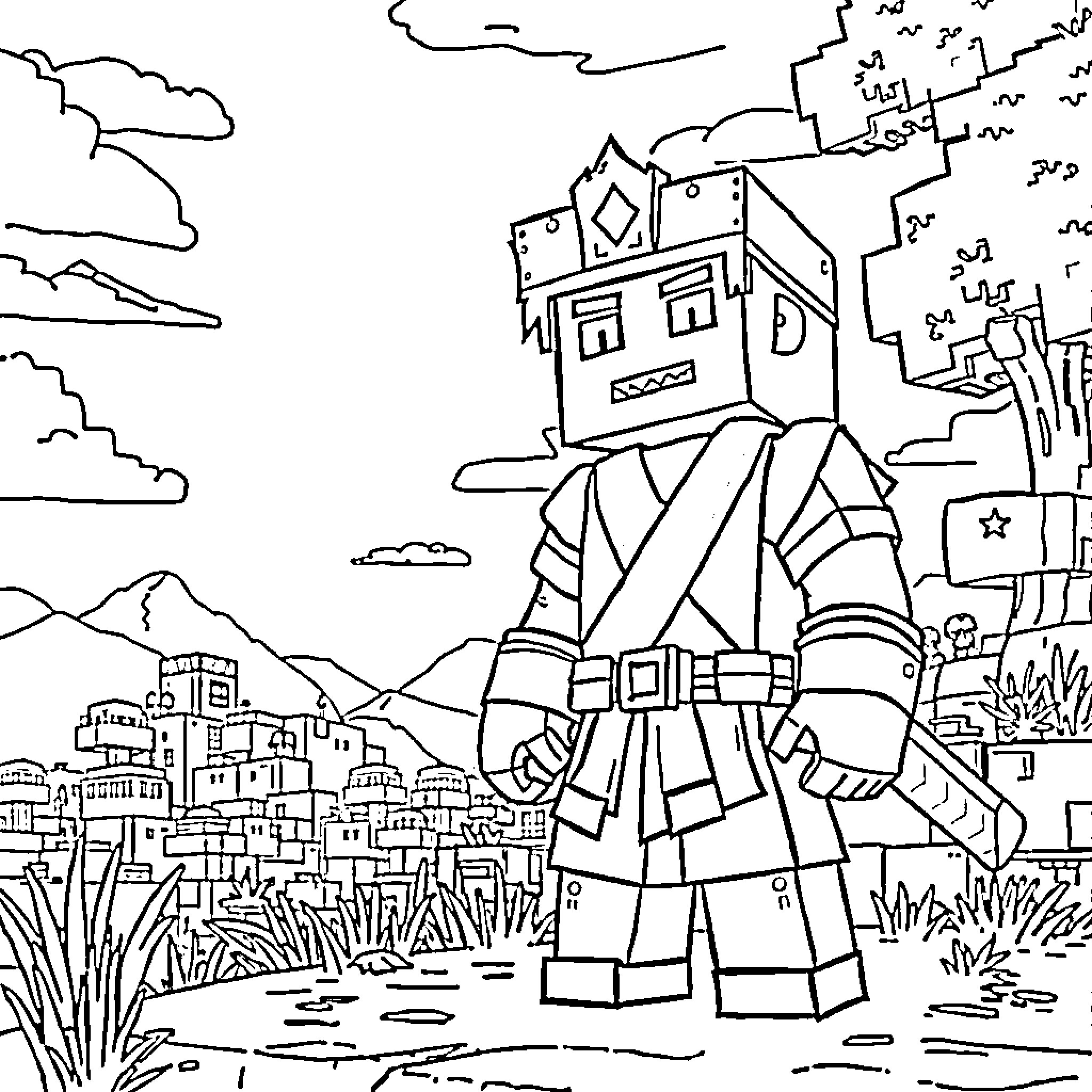 Songoku's Heroic Journey in a Fantastical Landscape Coloring Page (free black-and-white line drawing printable PDF for all, from beginners to advanced learners, including children, teens, adults, and seniors)