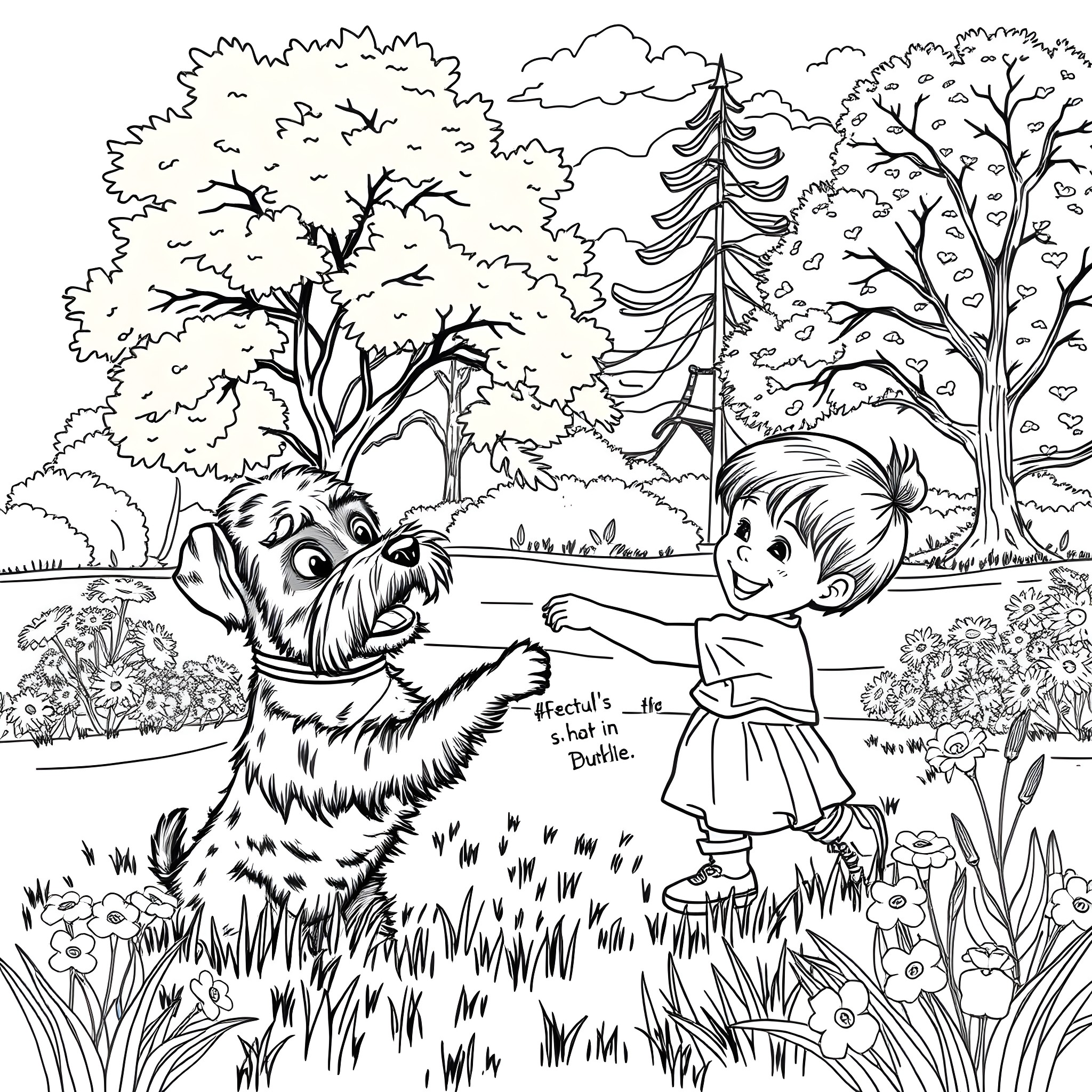Schnauzer playing fetch with a child in a forest Coloring Page (free black-and-white line drawing printable PDF for all, from beginners to advanced learners, including children, teens, adults, and seniors)