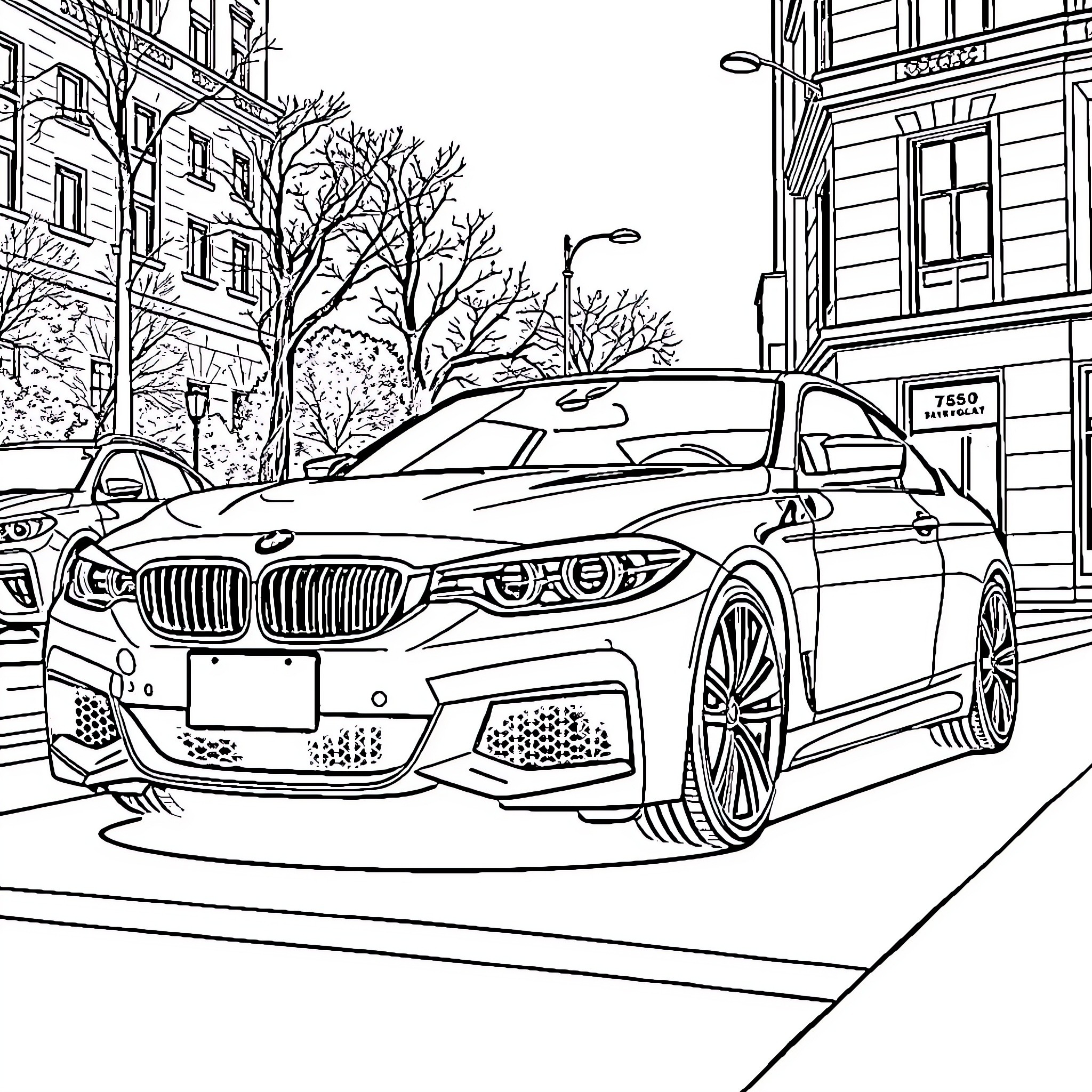 BMW luxury car on city street with trees Coloring Page (free black-and-white line drawing printable PDF for all, from beginners to advanced learners, including children, teens, adults, and seniors)