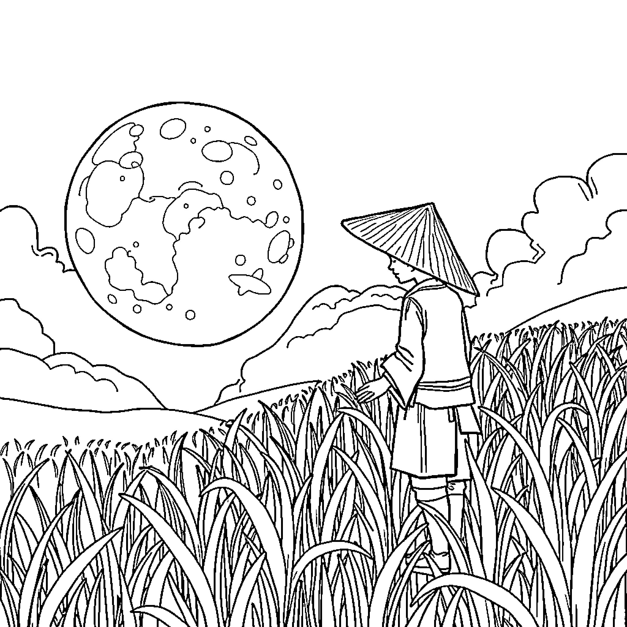Farmer working in the moonlit rice fields Coloring Page (free black-and-white line drawing printable PDF for all, from beginners to advanced learners, including children, teens, adults, and seniors)