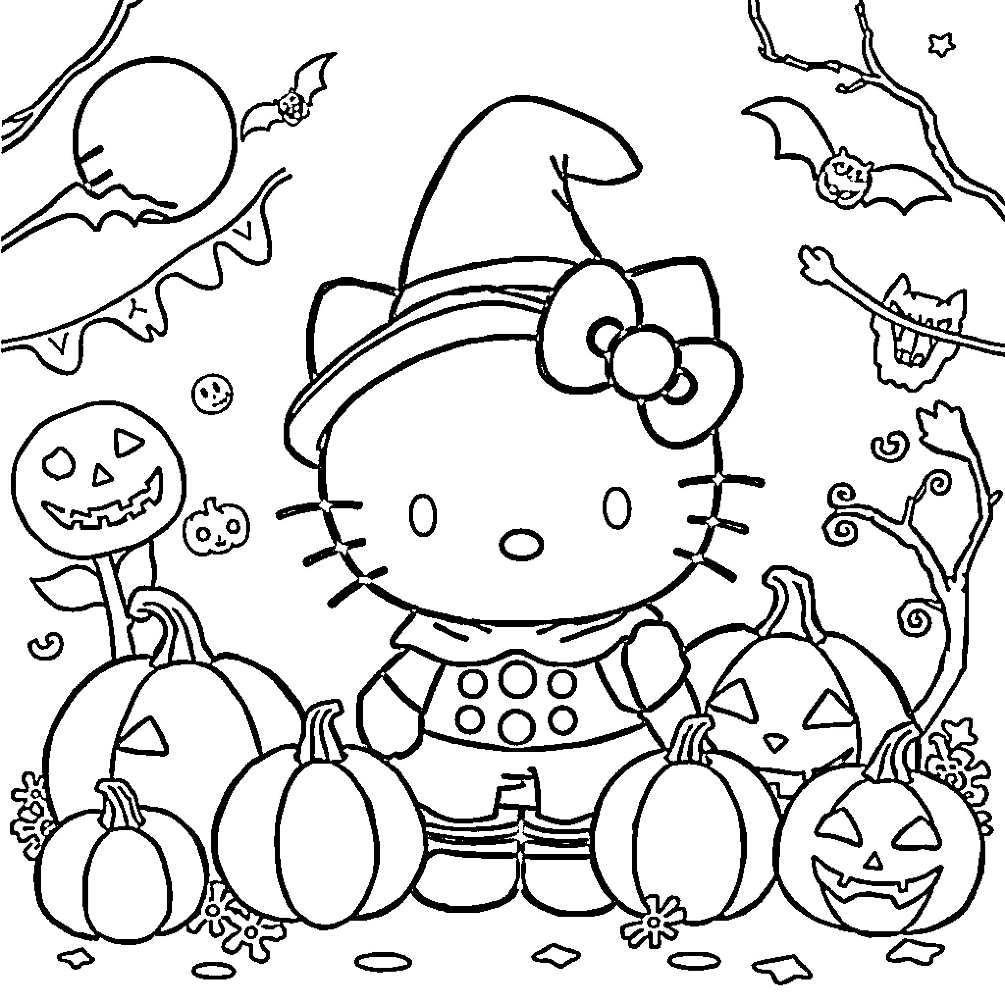 Hello Kitty in a Halloween Costume with Pumpkins and Bats Coloring Page (free black-and-white line drawing printable PDF for all, from beginners to advanced learners, including children, teens, adults, and seniors)