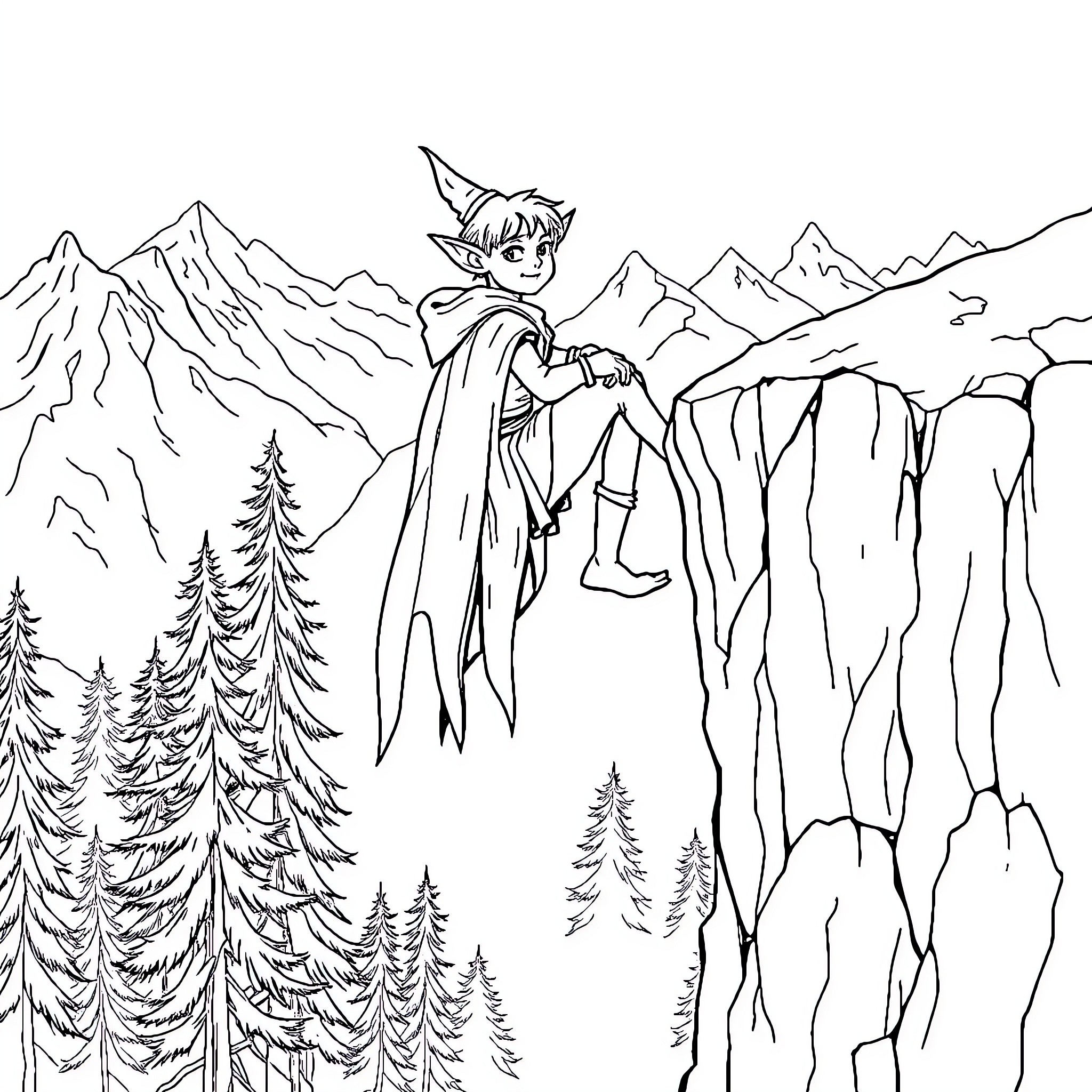 Elf exploring majestic mountain landscapes Coloring Page (free black-and-white line drawing printable PDF for all, from beginners to advanced learners, including children, teens, adults, and seniors)