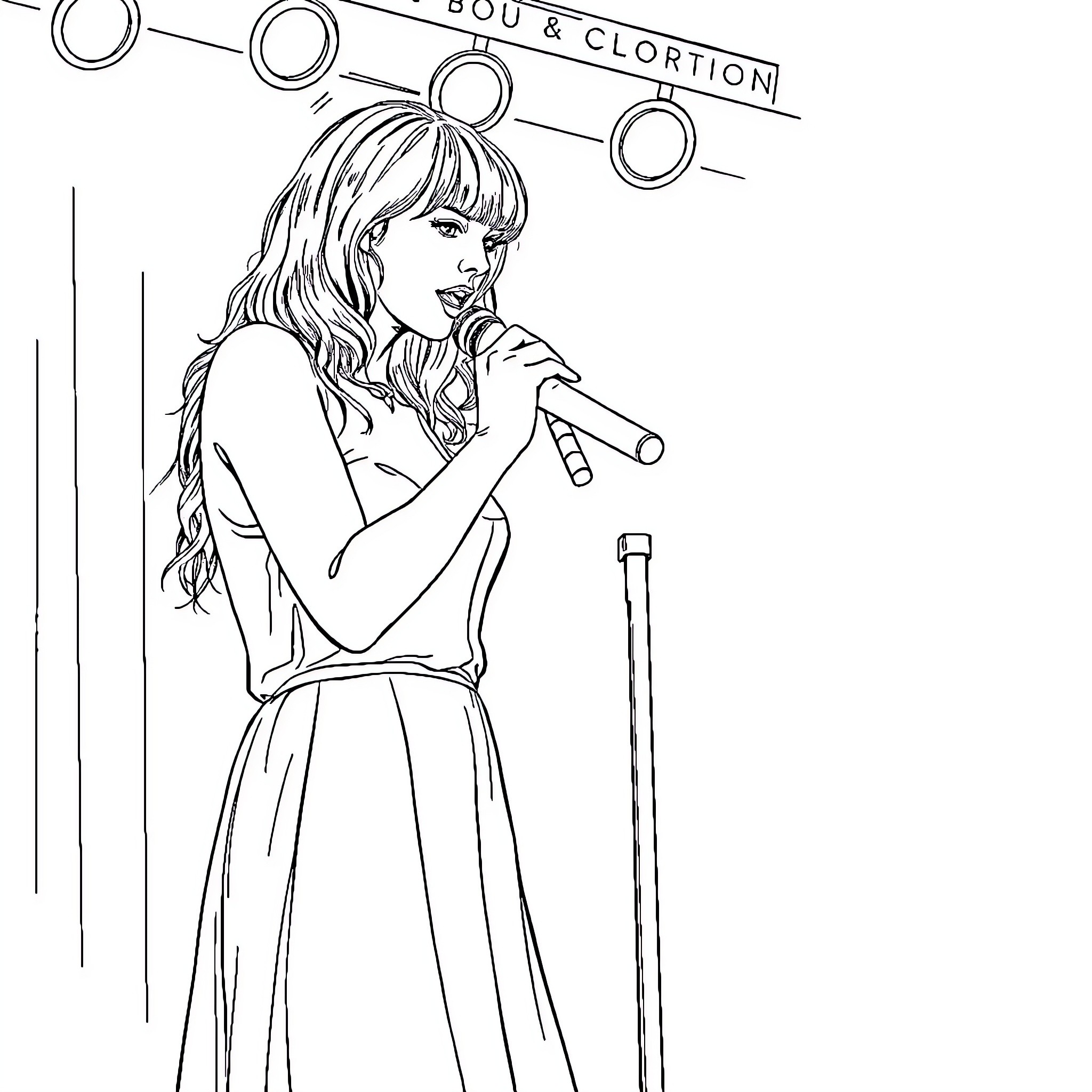 Taylor Swift performing on stage with microphone Coloring Page (free black-and-white line drawing printable PDF for all, from beginners to advanced learners, including children, teens, adults, and seniors)