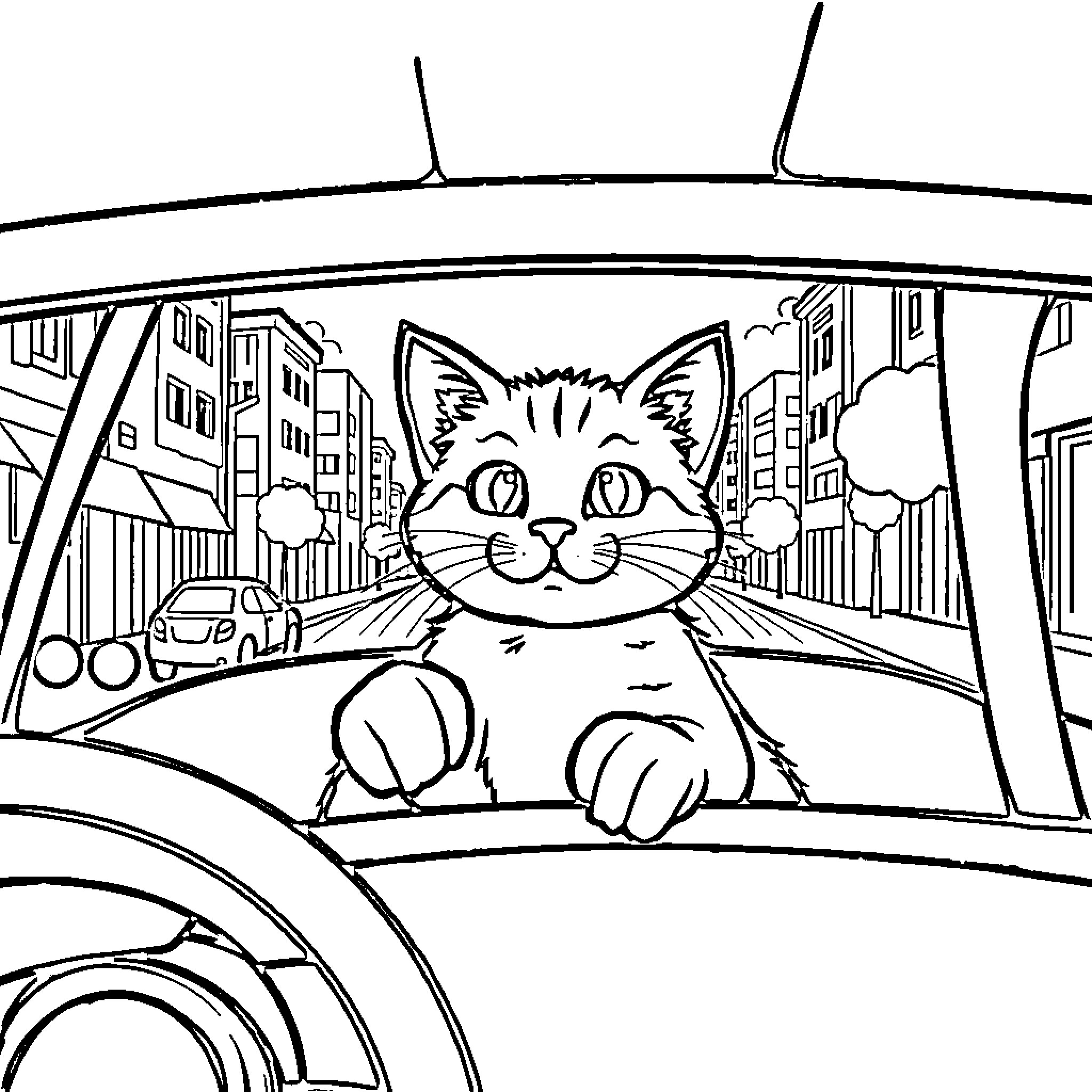 Cat peeking out from car window in urban setting Coloring Page (free black-and-white line drawing printable PDF for all, from beginners to advanced learners, including children, teens, adults, and seniors)