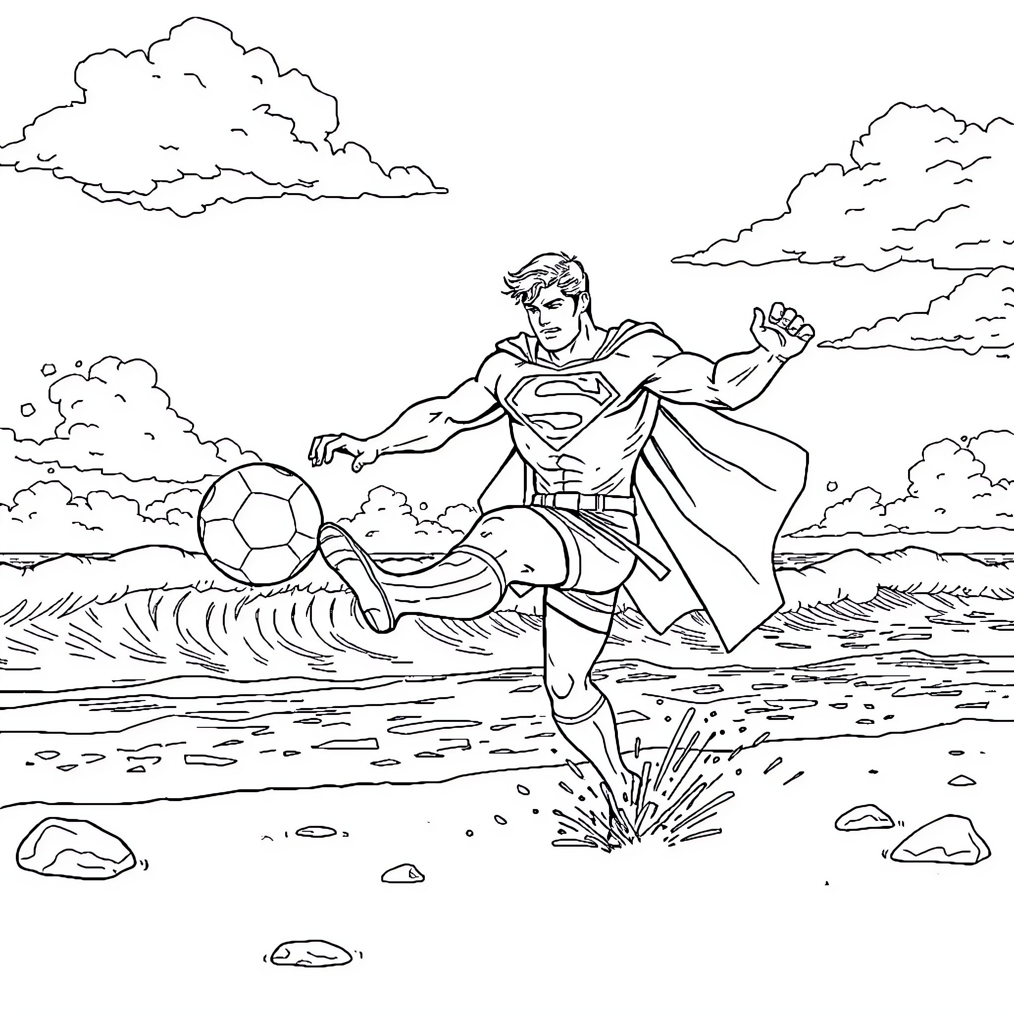 Superman Playing Soccer on the Beach Coloring Page (free black-and-white line drawing printable PDF for all, from beginners to advanced learners, including children, teens, adults, and seniors)
