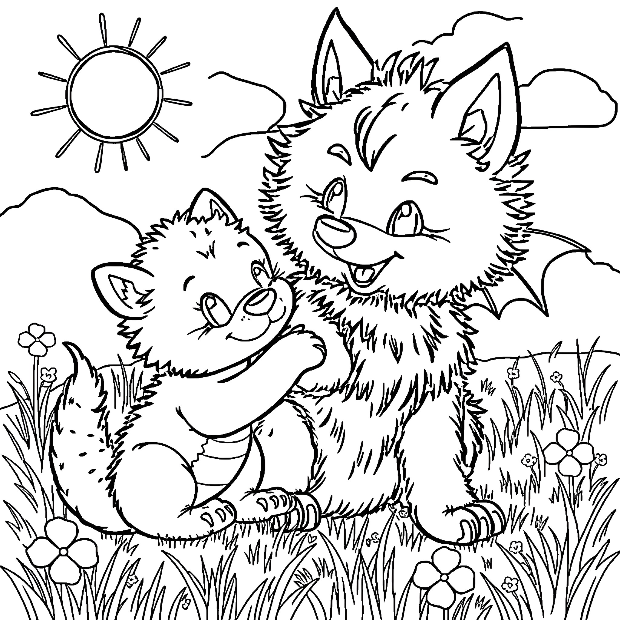 Wolf cubs playing in the meadow Coloring Page (free black-and-white line drawing printable PDF for all, from beginners to advanced learners, including children, teens, adults, and seniors)