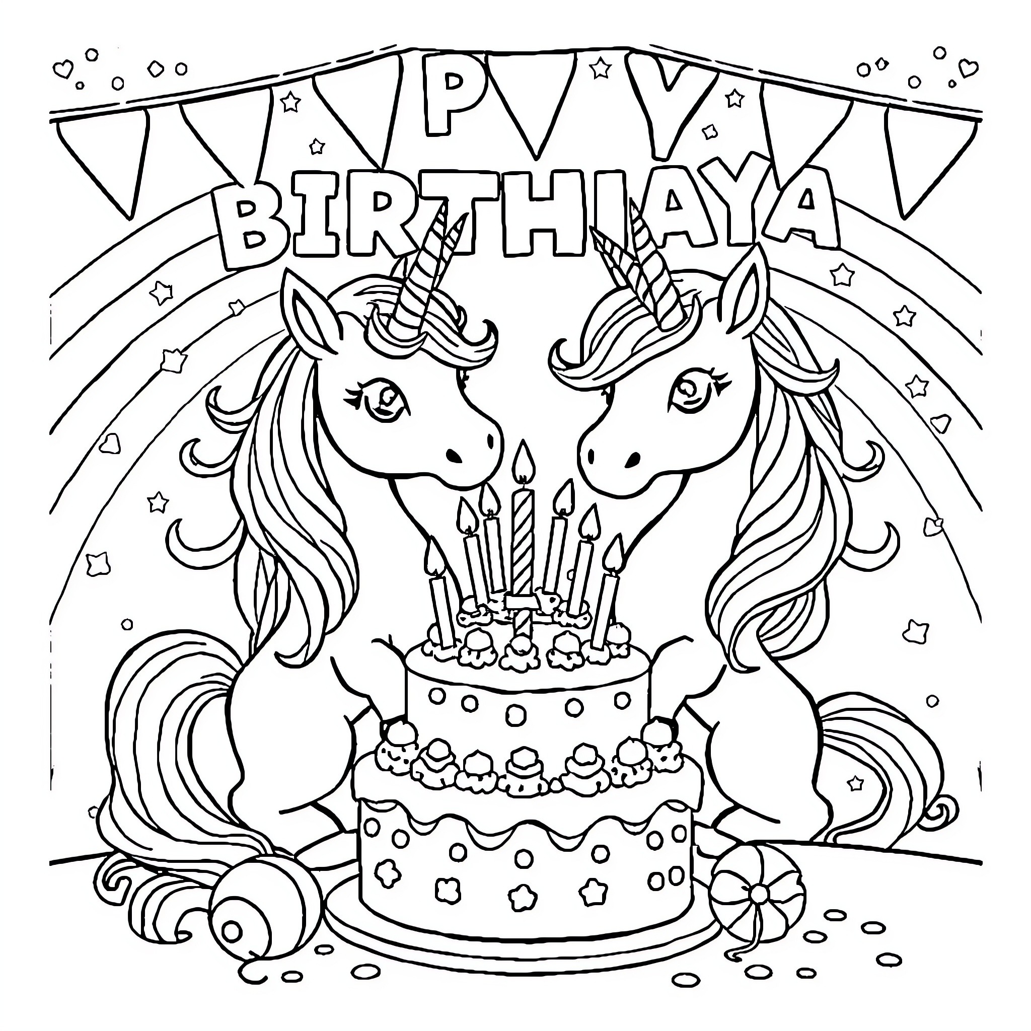 Unicorn Birthday Celebration with Cake and Party Decorations Coloring Page (free black-and-white line drawing printable PDF for all, from beginners to advanced learners, including children, teens, adults, and seniors)