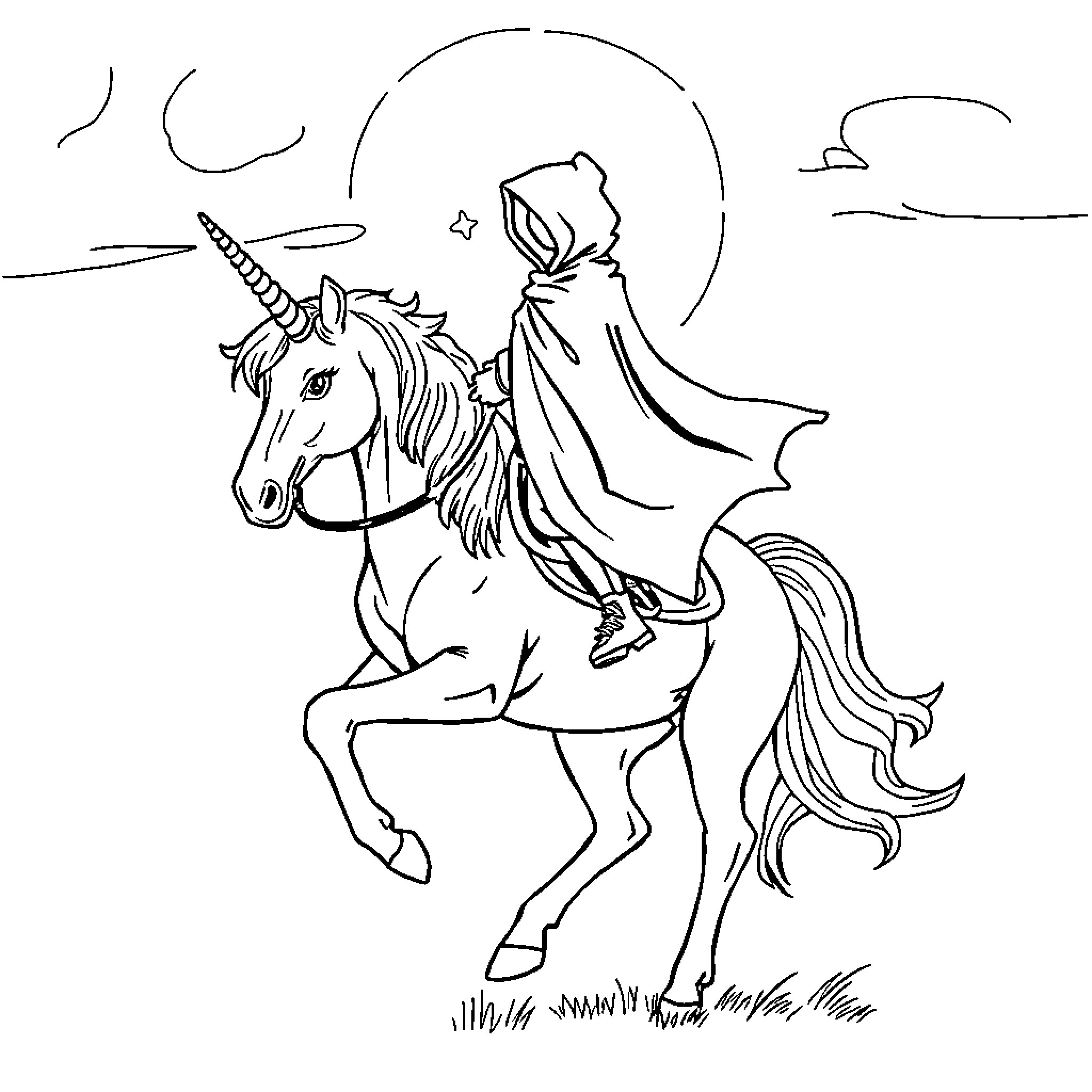 Hood figure riding magical unicorn in nature Coloring Page (free black-and-white line drawing printable PDF for all, from beginners to advanced learners, including children, teens, adults, and seniors)