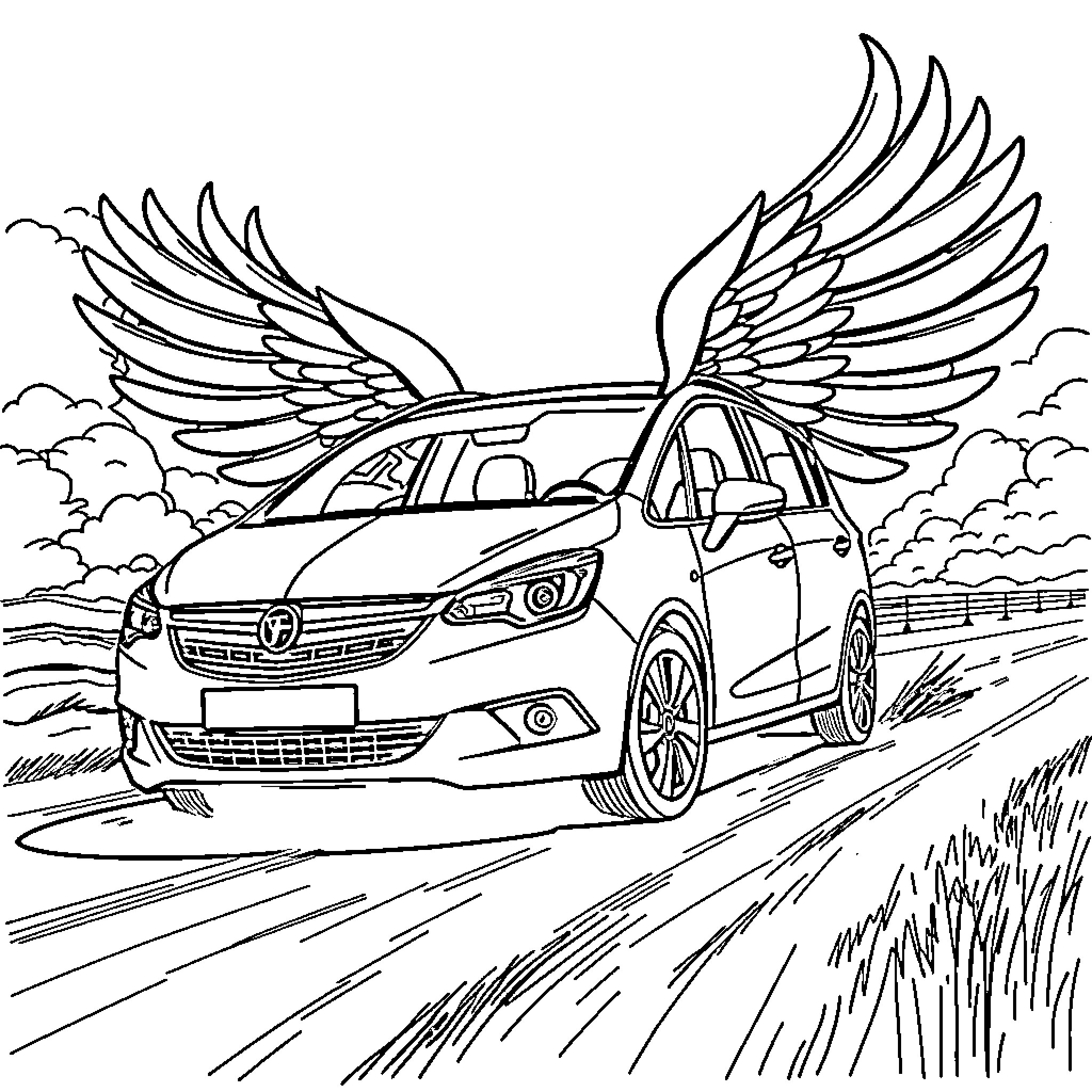 Vauxhall Zafira soaring through the clouds Coloring Page (free black-and-white line drawing printable PDF for all, from beginners to advanced learners, including children, teens, adults, and seniors)