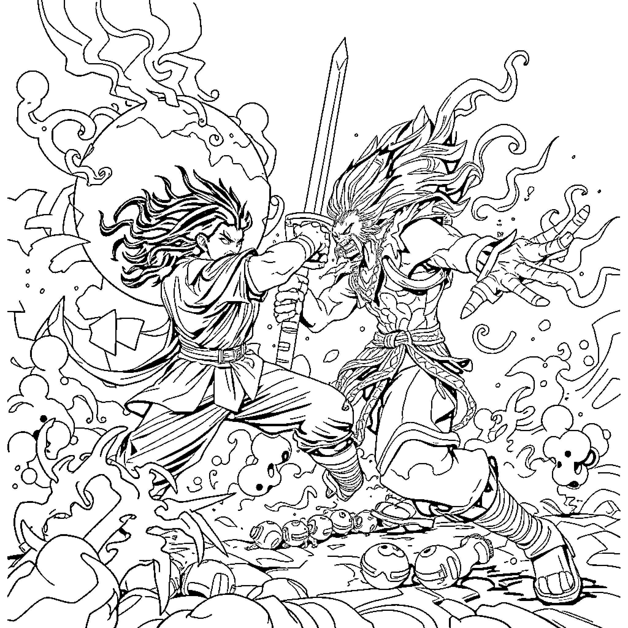 Tanjiro's Heroic Clash with the Demonic Forces Coloring Page (free black-and-white line drawing printable PDF for all, from beginners to advanced learners, including children, teens, adults, and seniors)