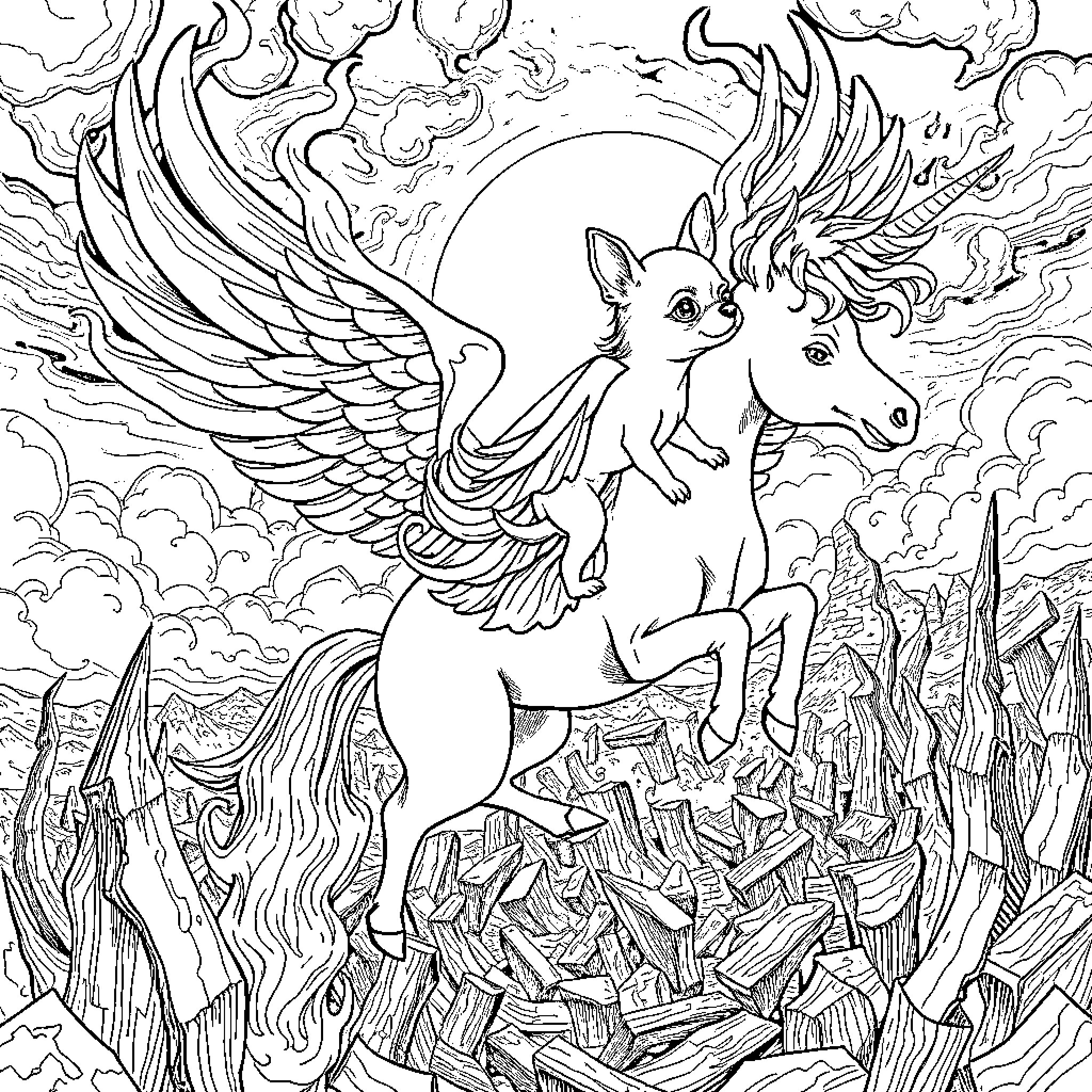 Chihuahua soaring through the clouds with winged companion Coloring Page (free black-and-white line drawing printable PDF for all, from beginners to advanced learners, including children, teens, adults, and seniors)