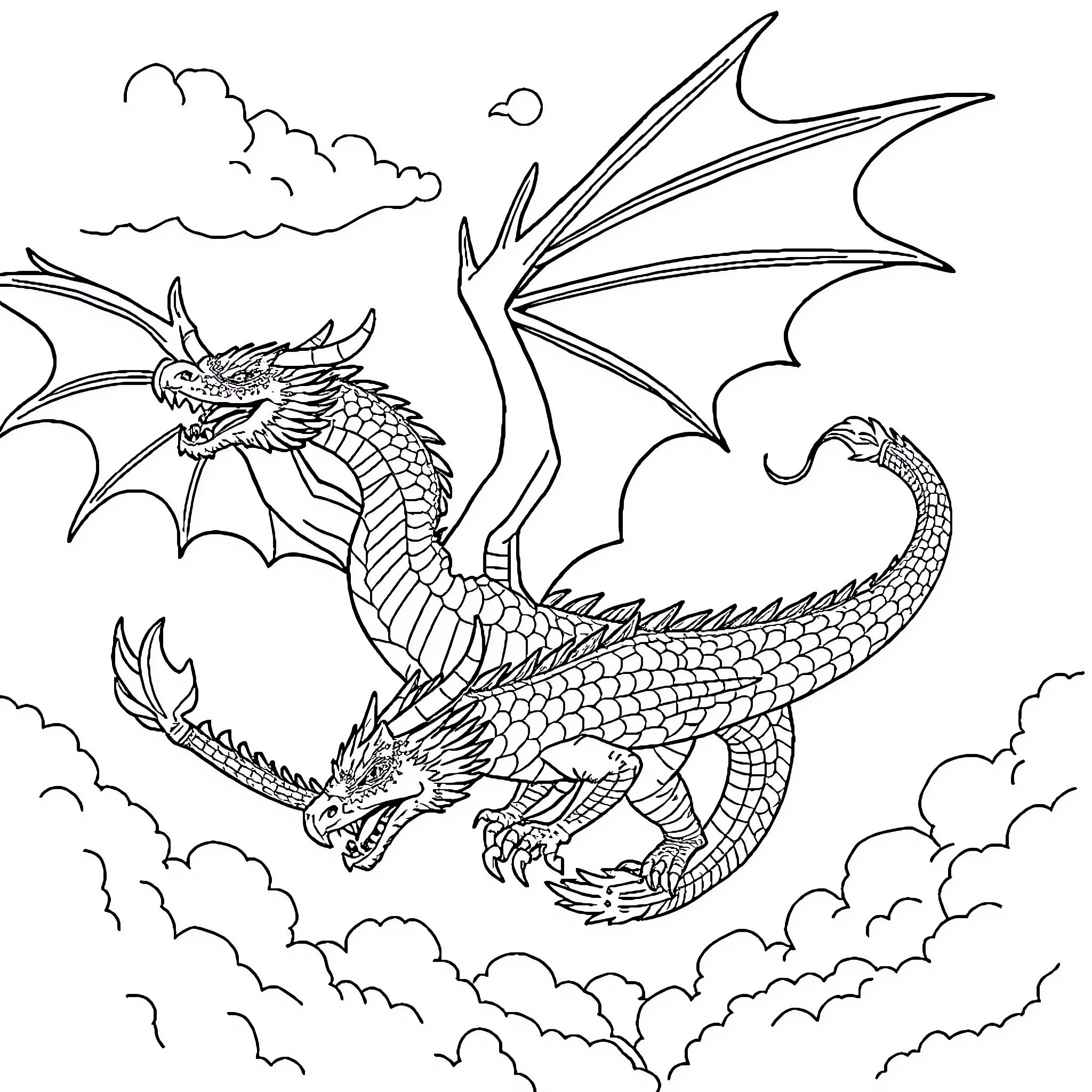 Dragon soaring through the clouds Coloring Page (free black-and-white line drawing printable PDF for all, from beginners to advanced learners, including children, teens, adults, and seniors)