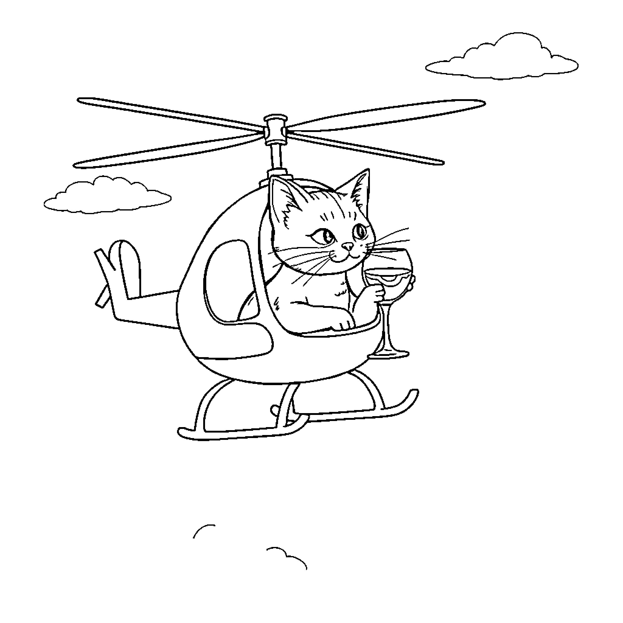 Cat flying in helicopter with coffee Coloring Page (free black-and-white line drawing printable PDF for all, from beginners to advanced learners, including children, teens, adults, and seniors)