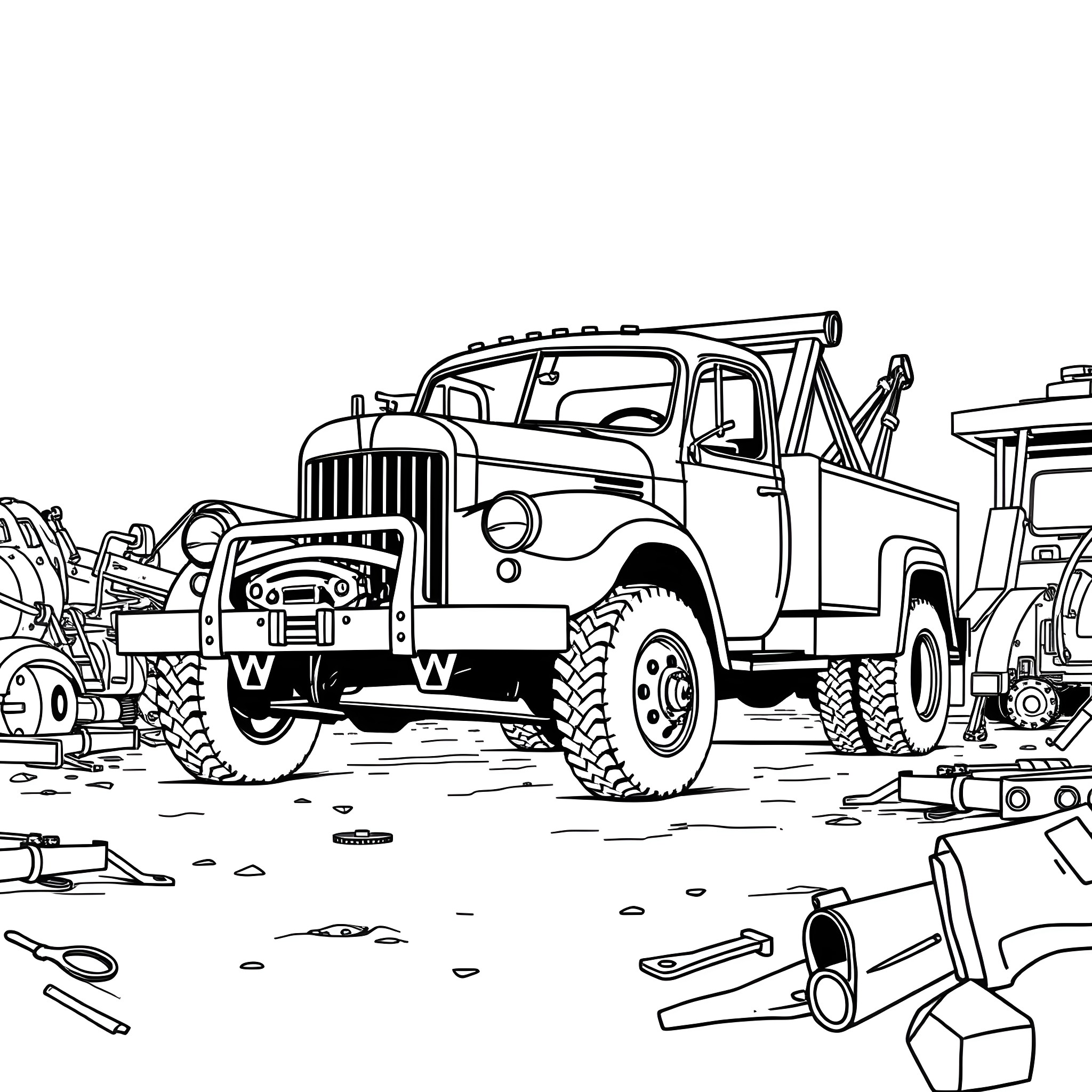 Tow Truck Hauling Heavy Machinery on Construction Site Coloring Page (free black-and-white line drawing printable PDF for all, from beginners to advanced learners, including children, teens, adults, and seniors)