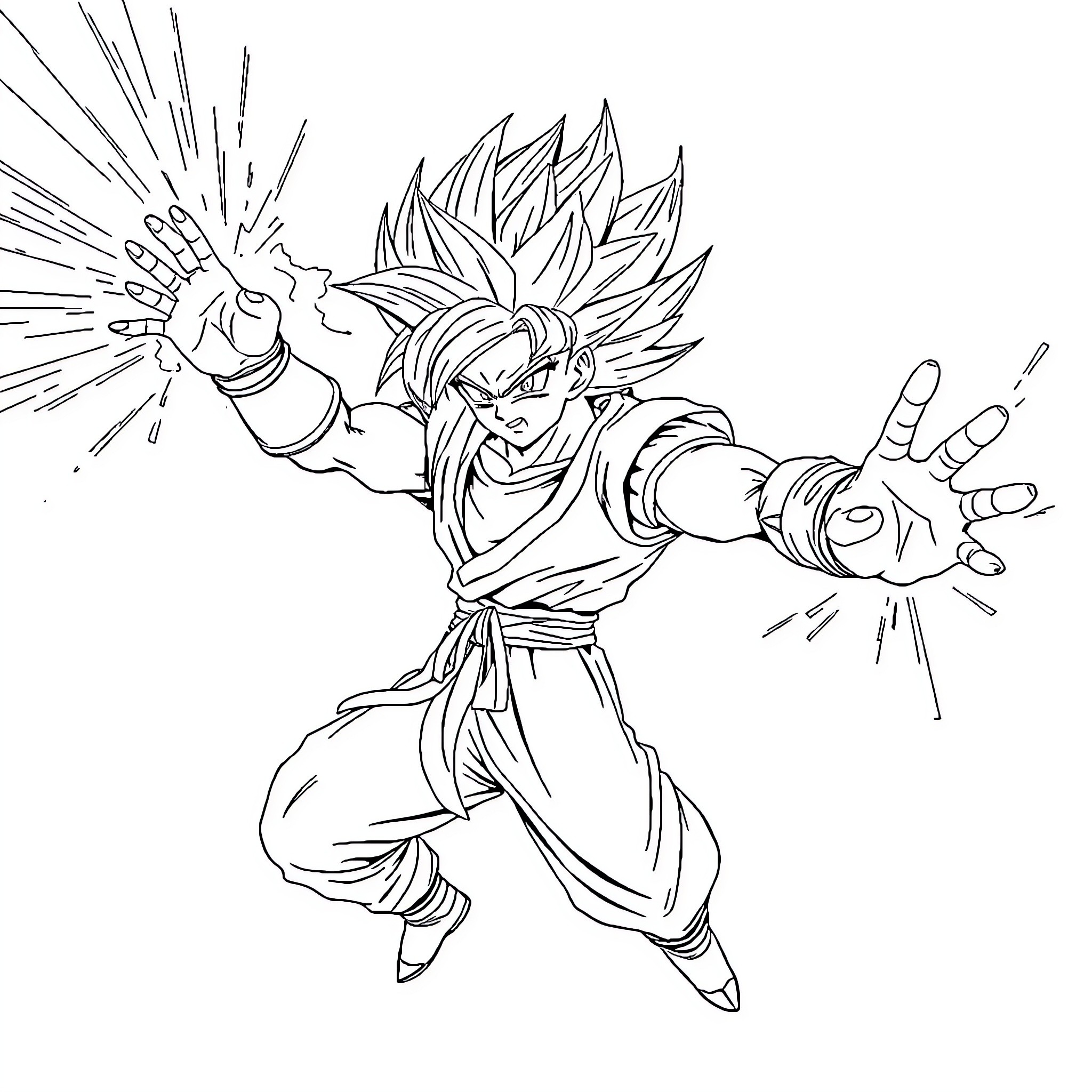 Gogeta's Powerful Kamehameha Attack Coloring Page (free black-and-white line drawing printable PDF for all, from beginners to advanced learners, including children, teens, adults, and seniors)