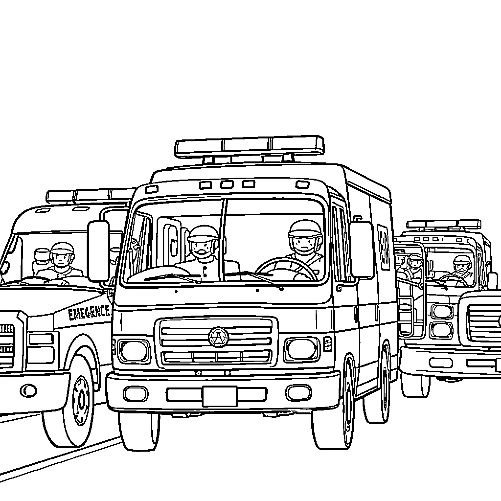 Emergency Vehicles Responding to Call with Urgency Coloring Page (free black-and-white line drawing printable PDF for all, from beginners to advanced learners, including children, teens, adults, and seniors)