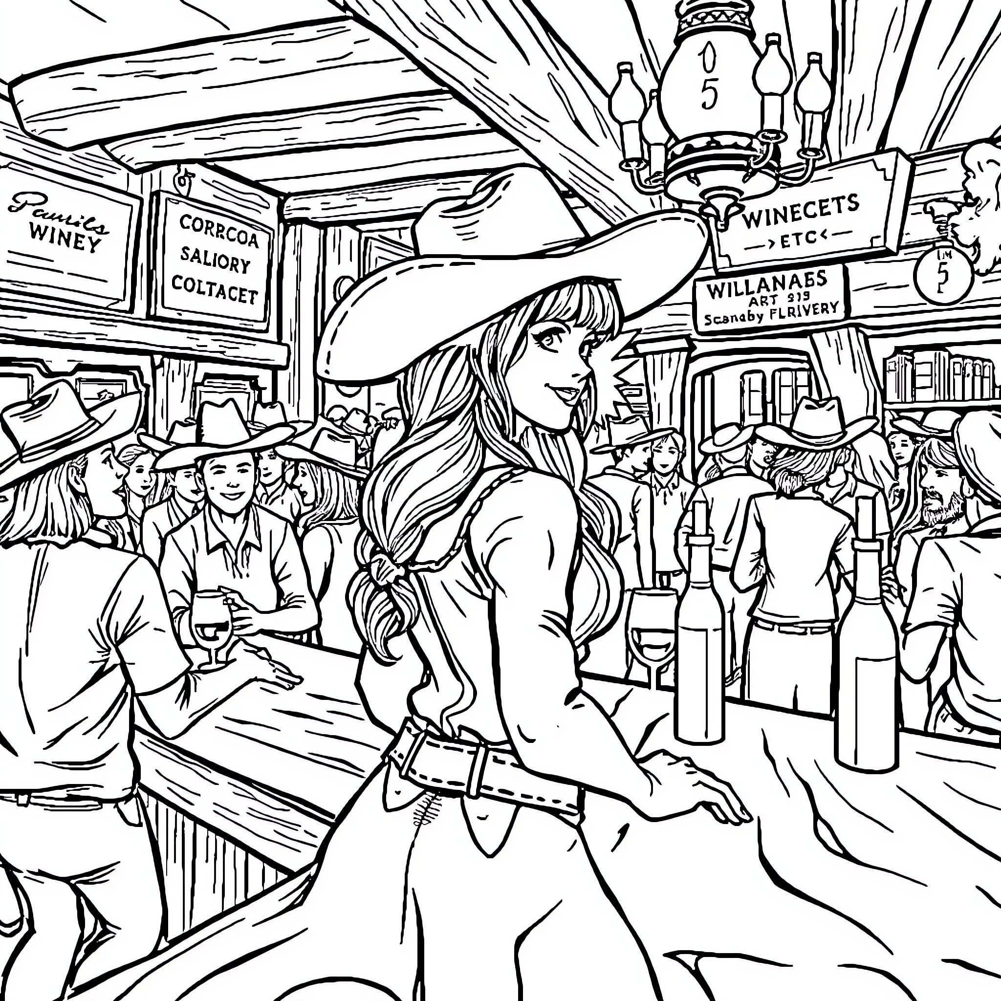 Cowgirl enjoying lively saloon scene Coloring Page (free black-and-white line drawing printable PDF for all, from beginners to advanced learners, including children, teens, adults, and seniors)