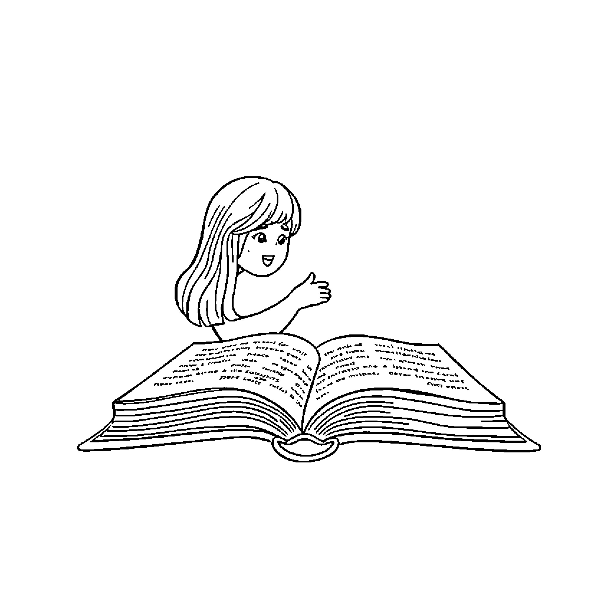 Biblical PDFs: Young Girl Reading Intently Coloring Page (free black-and-white line drawing printable PDF for all, from beginners to advanced learners, including children, teens, adults, and seniors)