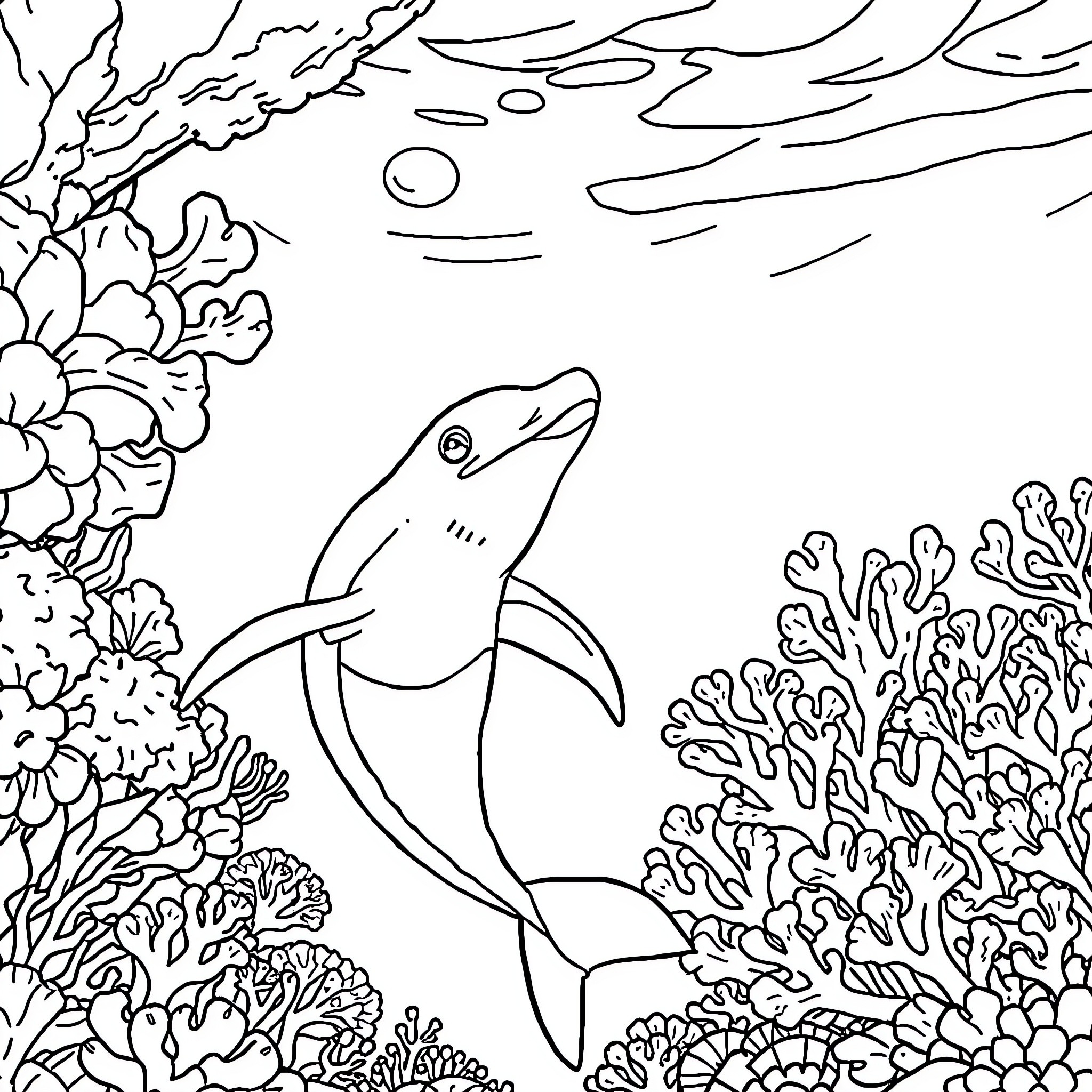 Perro nadando entre corales y flores marinas Coloring Page (free black-and-white line drawing printable PDF for all, from beginners to advanced learners, including children, teens, adults, and seniors)