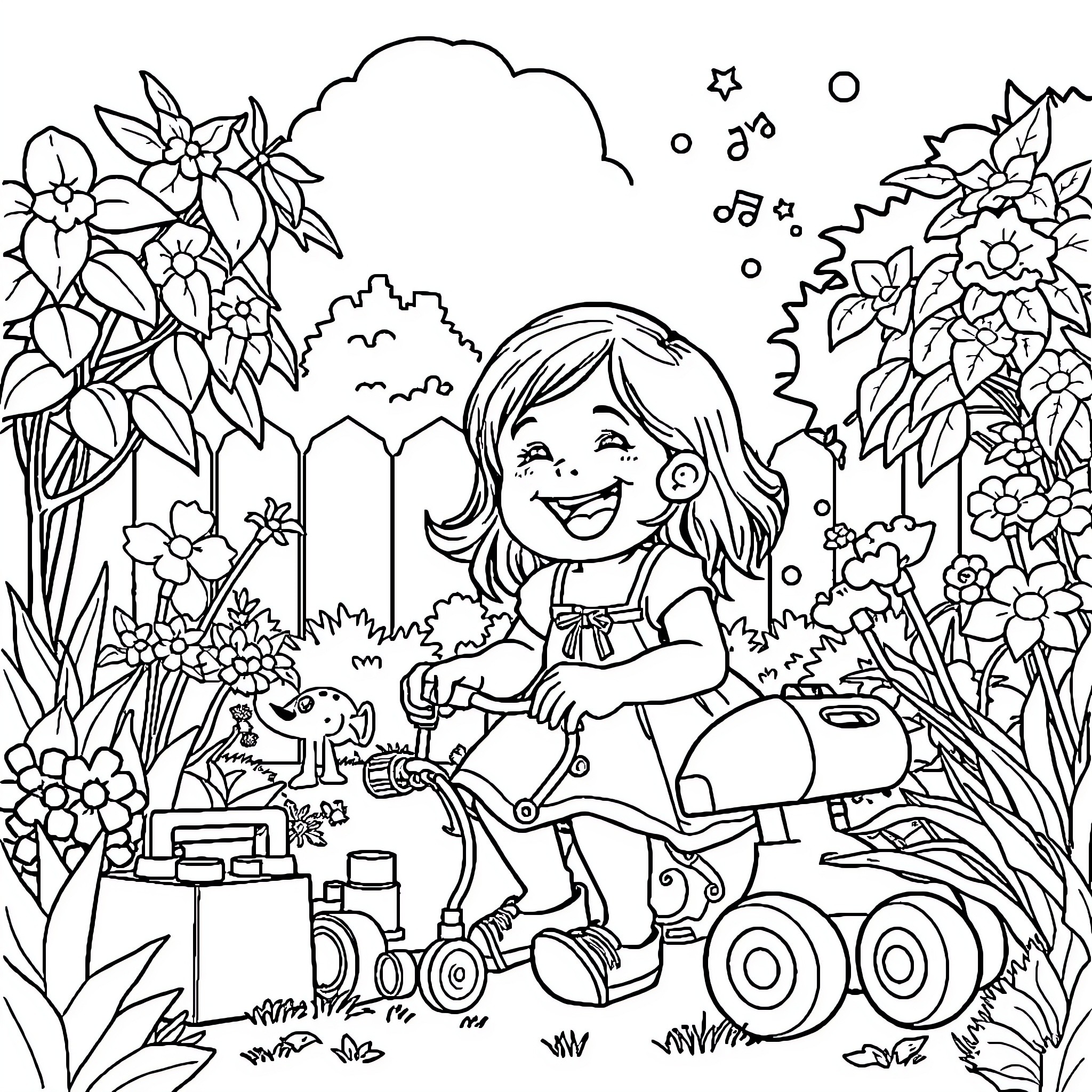 Girl enjoying a ride on her toy car in the garden Coloring Page (free black-and-white line drawing printable PDF for all, from beginners to advanced learners, including children, teens, adults, and seniors)