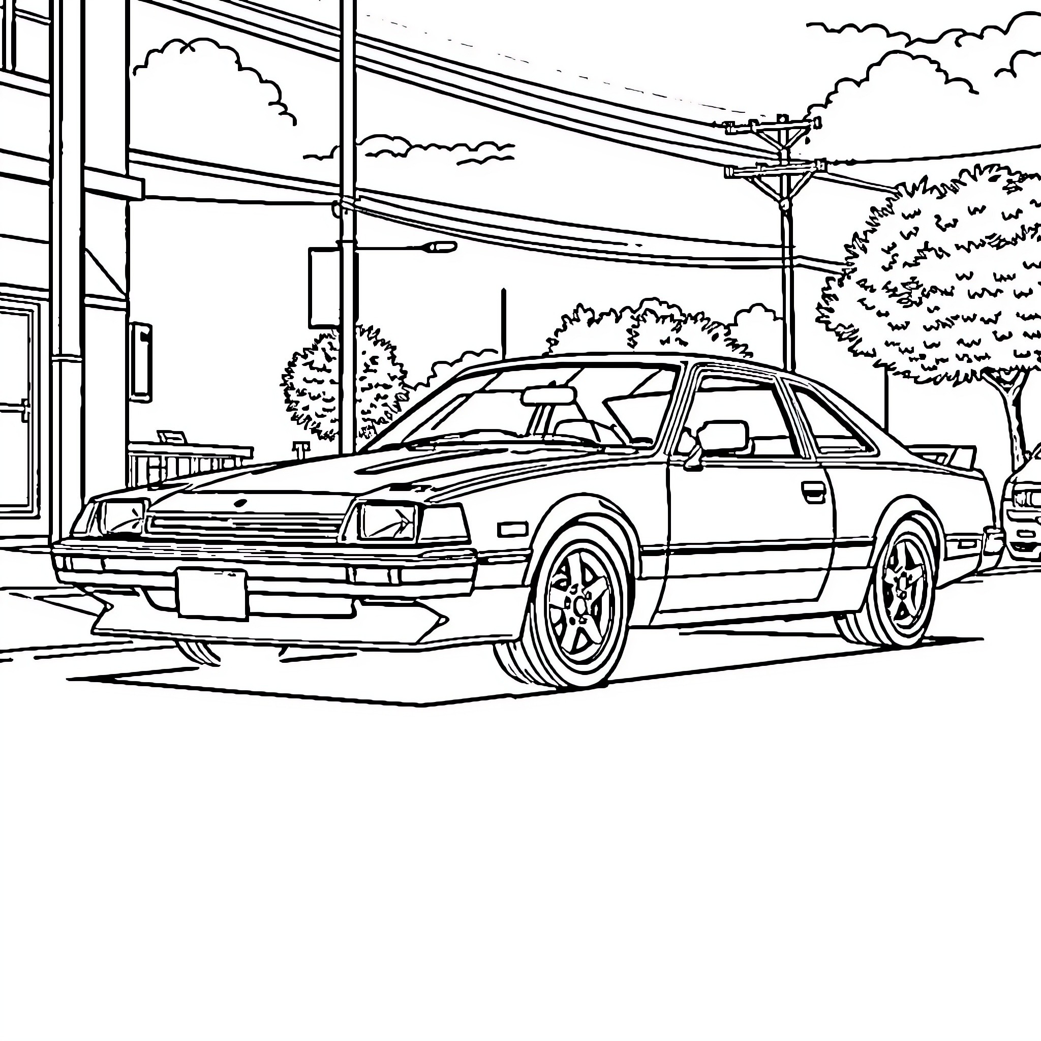Nissan Silvia parked on a city street Coloring Page (free black-and-white line drawing printable PDF for all, from beginners to advanced learners, including children, teens, adults, and seniors)