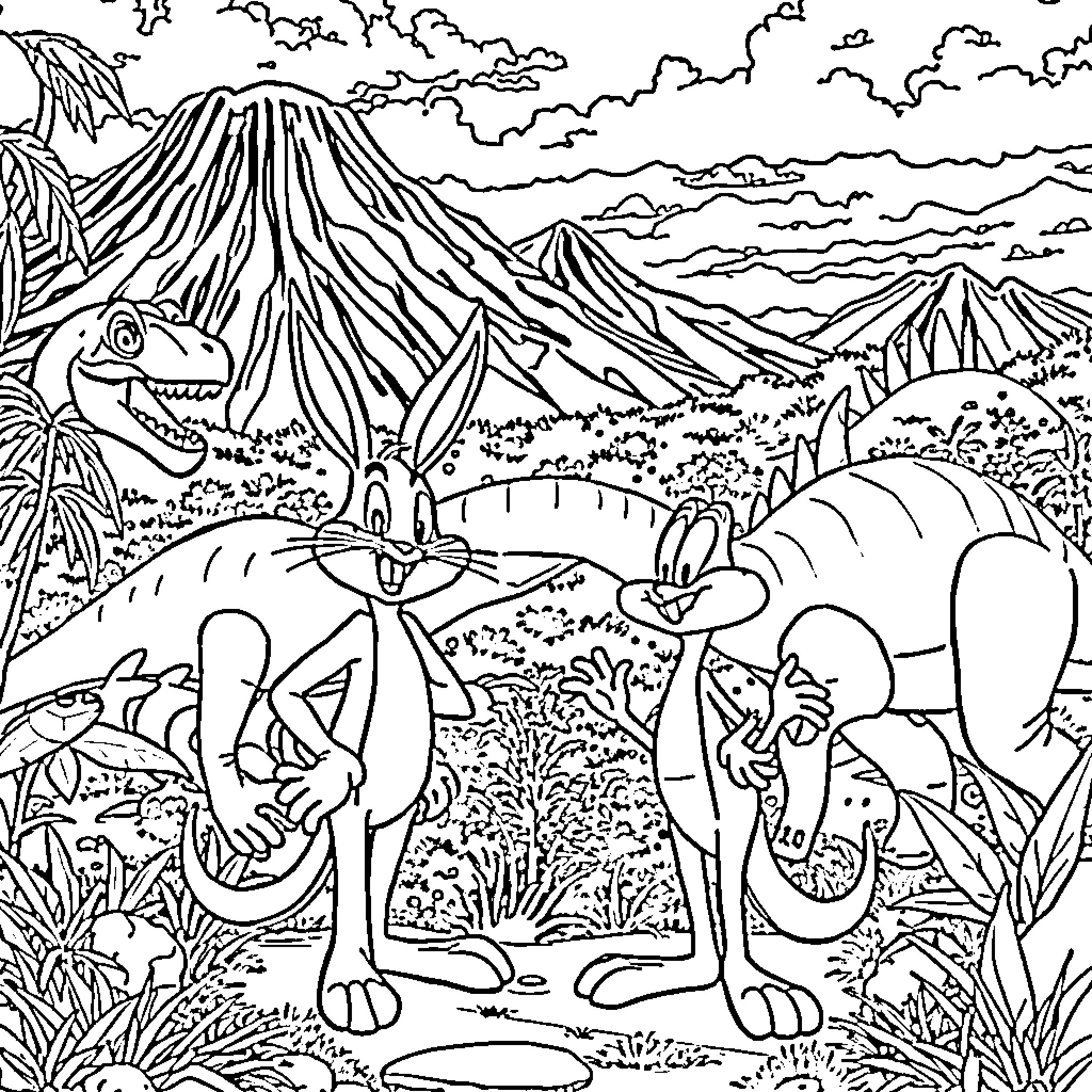 Bugs Bunny in a prehistoric jungle adventure Coloring Page (free black-and-white line drawing printable PDF for all, from beginners to advanced learners, including children, teens, adults, and seniors)