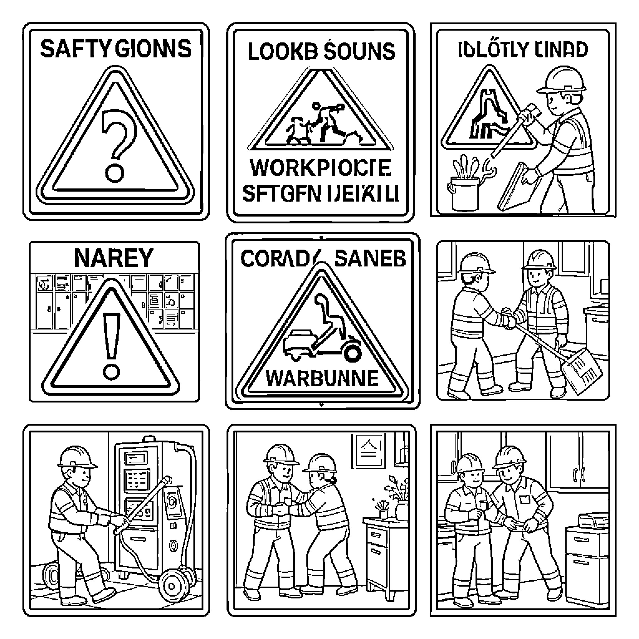Workplace Safety workers performing various construction tasks Coloring Page (free black-and-white line drawing printable PDF for all, from beginners to advanced learners, including children, teens, adults, and seniors)