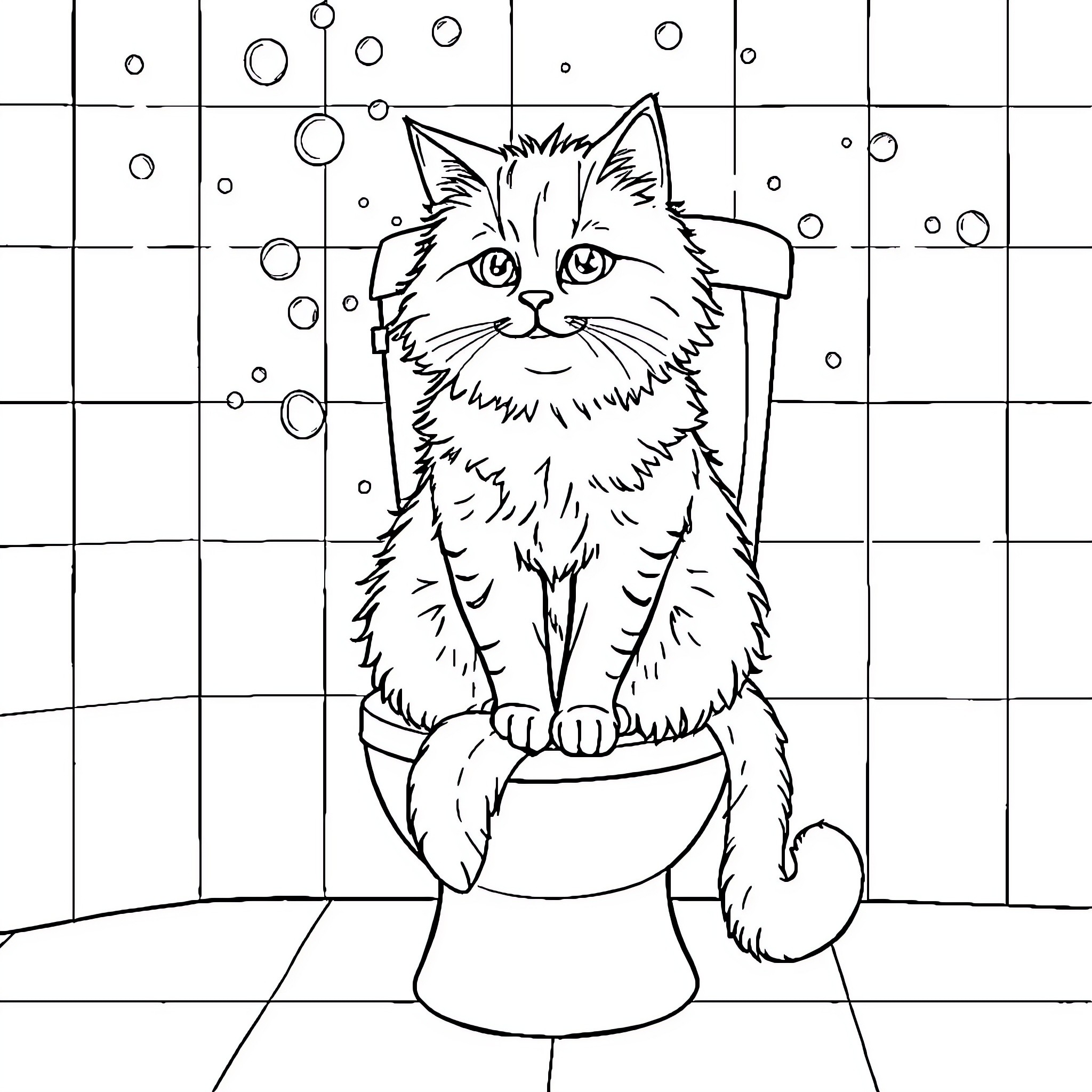 Cat sitting in a toilet bowl Coloring Page (free black-and-white line drawing printable PDF for all, from beginners to advanced learners, including children, teens, adults, and seniors)