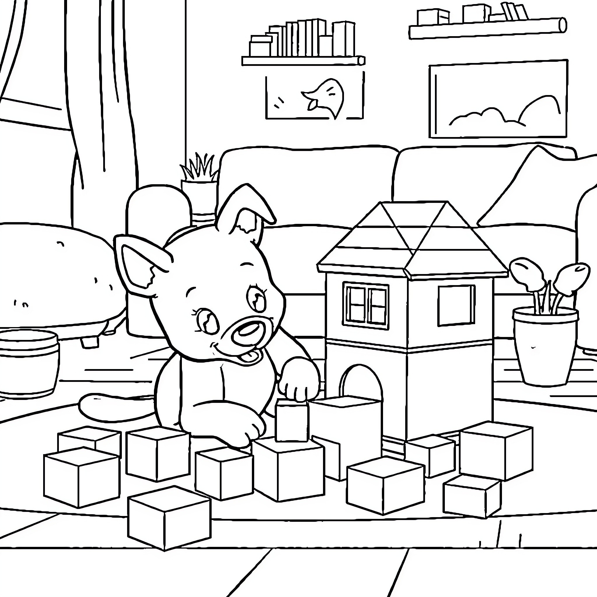 Bluey playing with building blocks in the living room Coloring Page (free black-and-white line drawing printable PDF for all, from beginners to advanced learners, including children, teens, adults, and seniors)