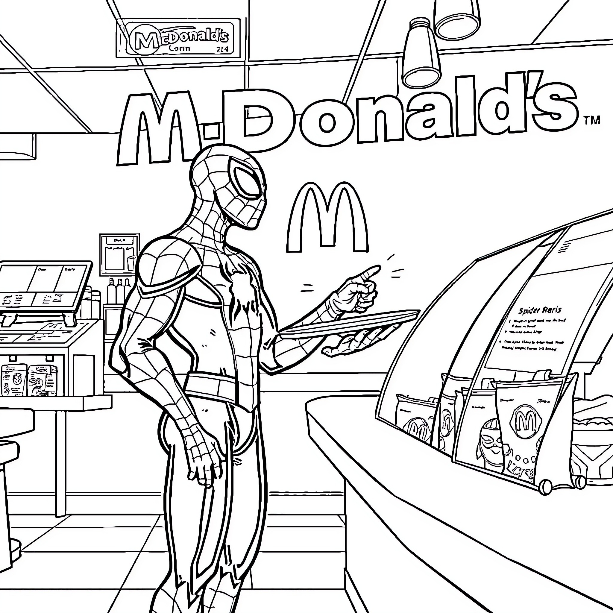 Spiderman visiting McDonald's restaurant Coloring Page (free black-and-white line drawing printable PDF for all, from beginners to advanced learners, including children, teens, adults, and seniors)