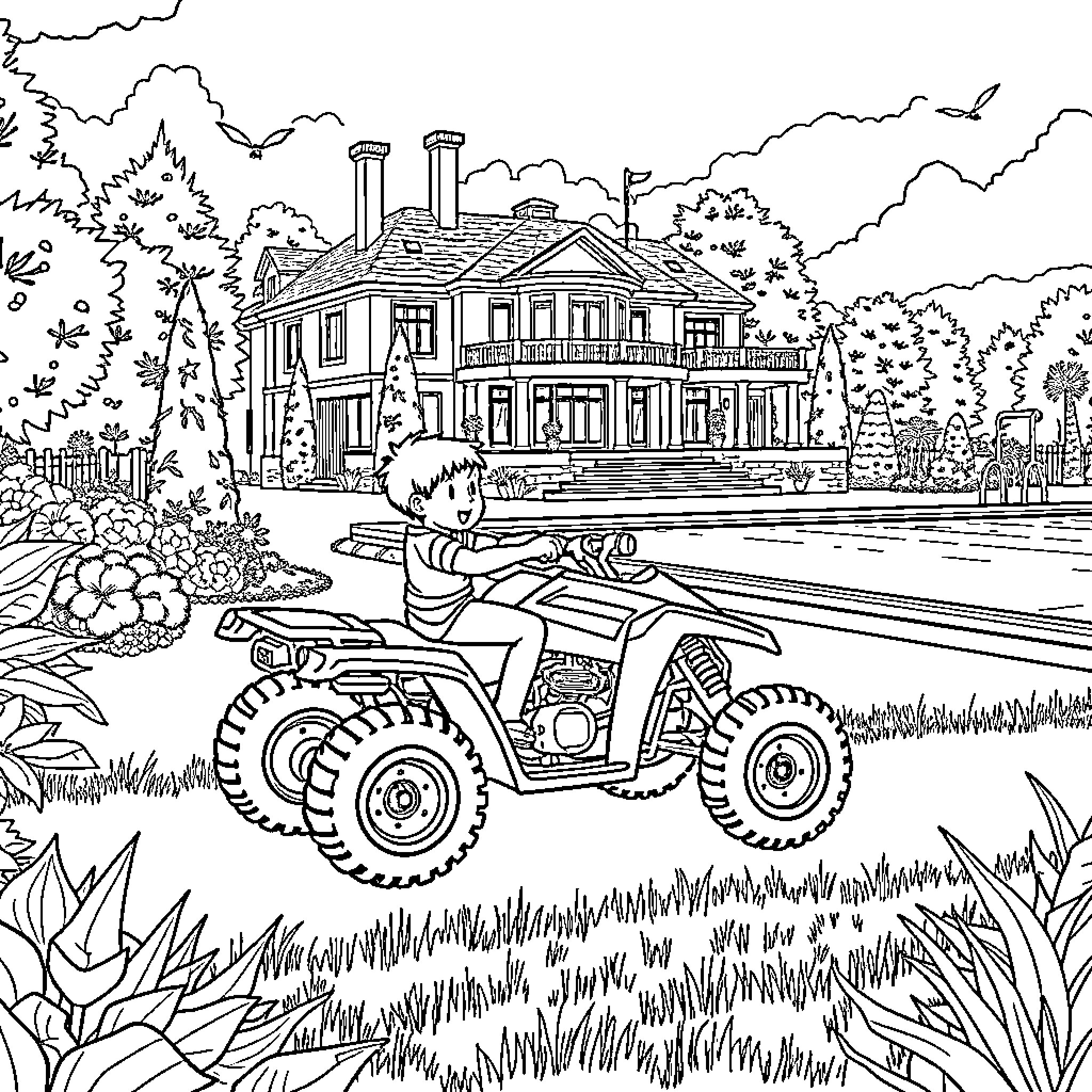 Garçon riding a four-wheeler near a grand country estate Coloring Page (free black-and-white line drawing printable PDF for all, from beginners to advanced learners, including children, teens, adults, and seniors)