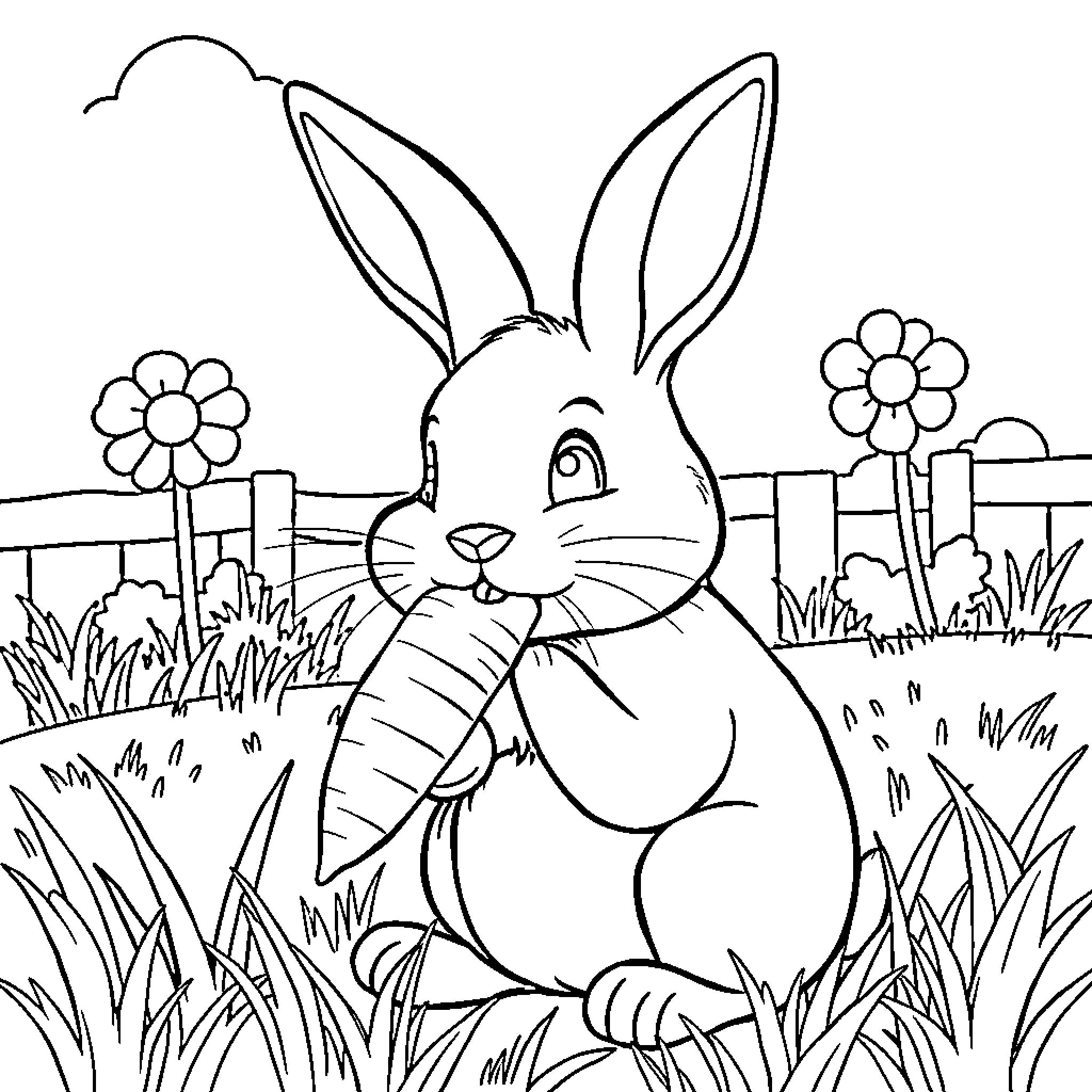 Bunny in a Playful Garden Coloring Page (free black-and-white line drawing printable PDF for all, from beginners to advanced learners, including children, teens, adults, and seniors)