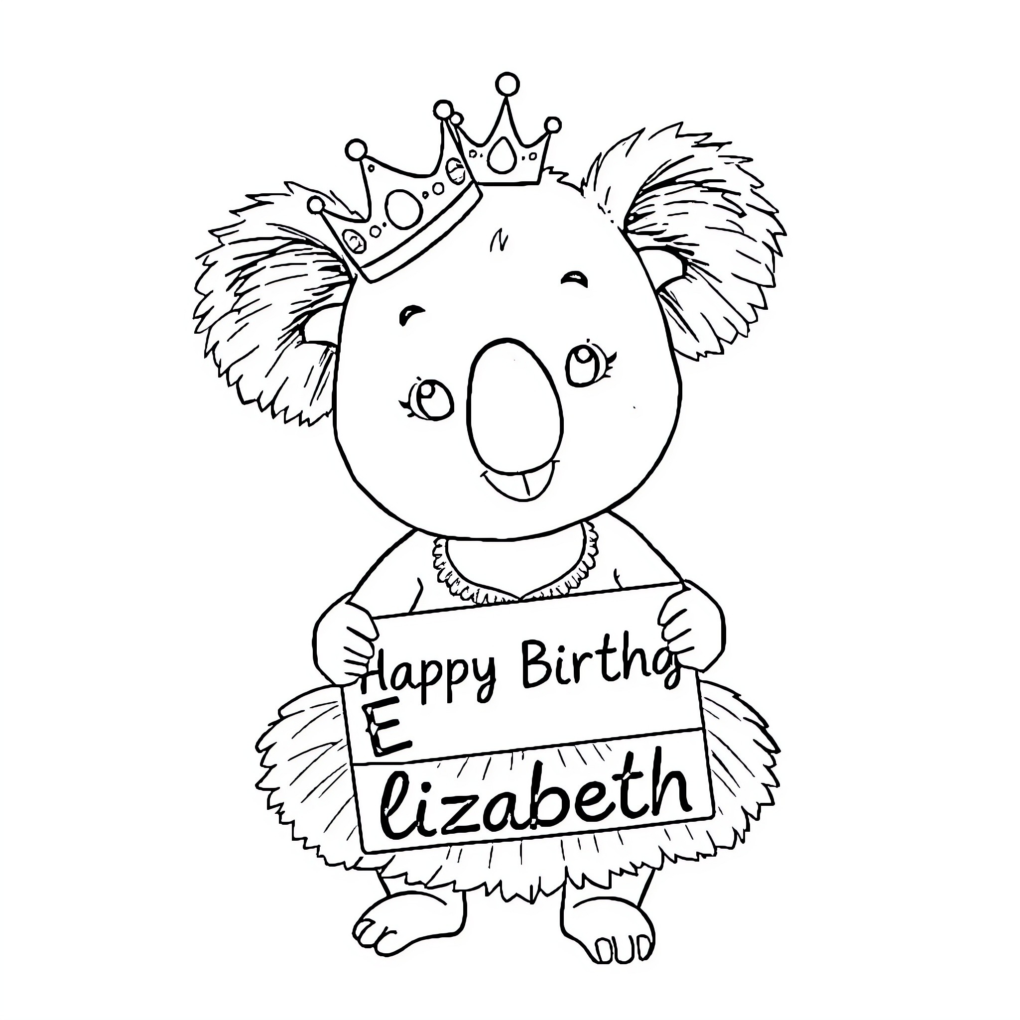 Koala celebrating a happy birthday Coloring Page (free black-and-white line drawing printable PDF for all, from beginners to advanced learners, including children, teens, adults, and seniors)
