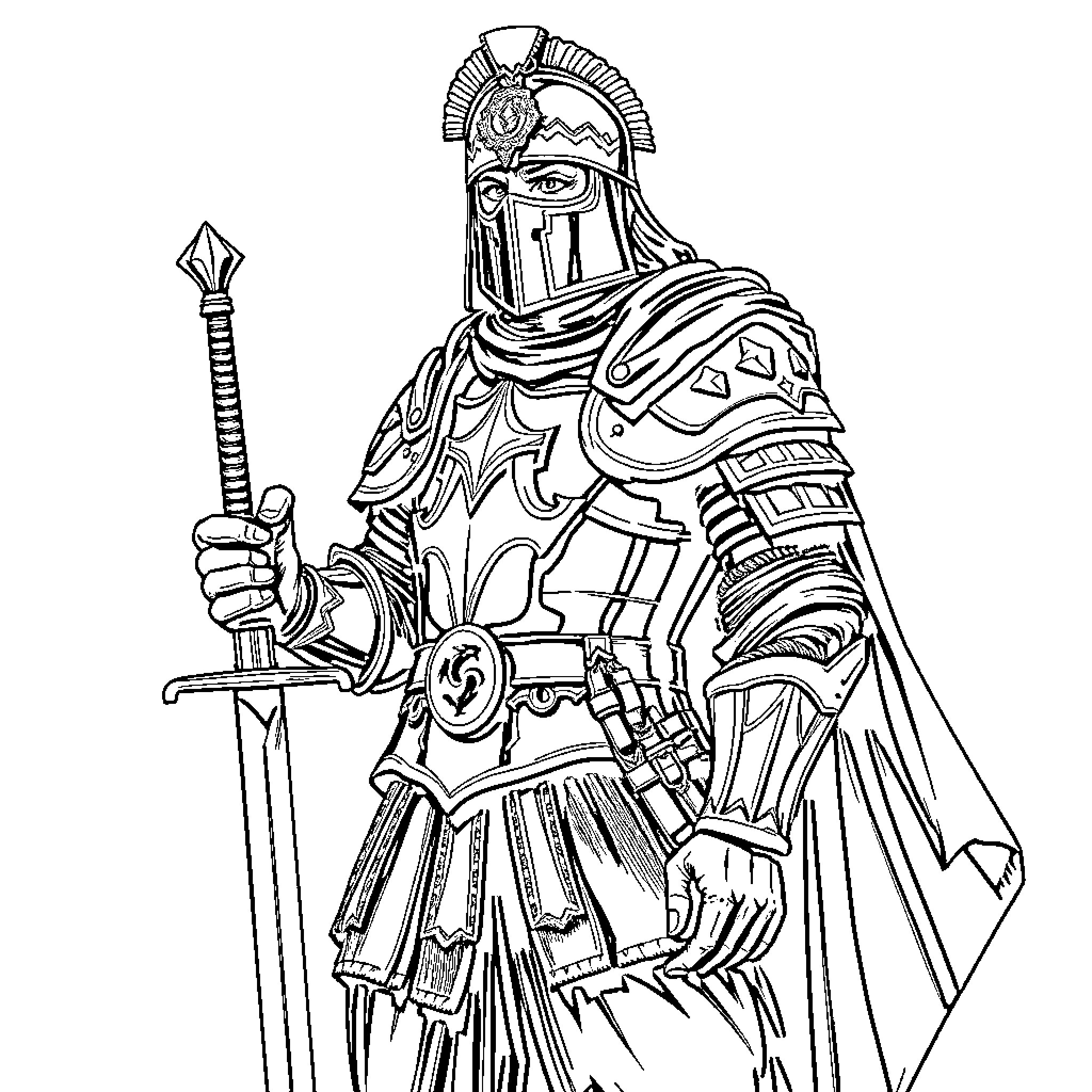Conquistador in Ornate Warrior Attire with Sword Coloring Page (free black-and-white line drawing printable PDF for all, from beginners to advanced learners, including children, teens, adults, and seniors)