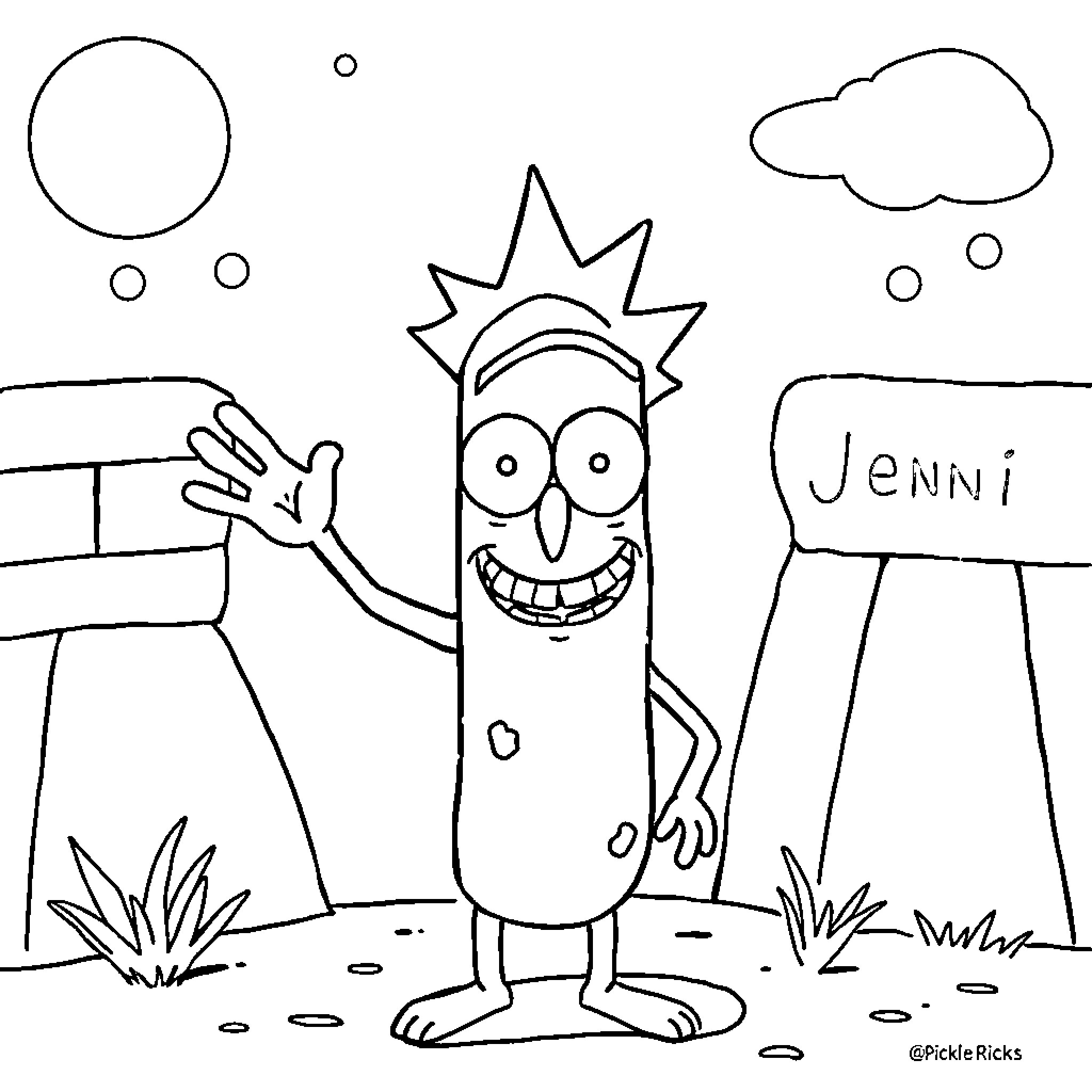 Pickle Rick waving and smiling in nature Coloring Page (free black-and-white line drawing printable PDF for all, from beginners to advanced learners, including children, teens, adults, and seniors)