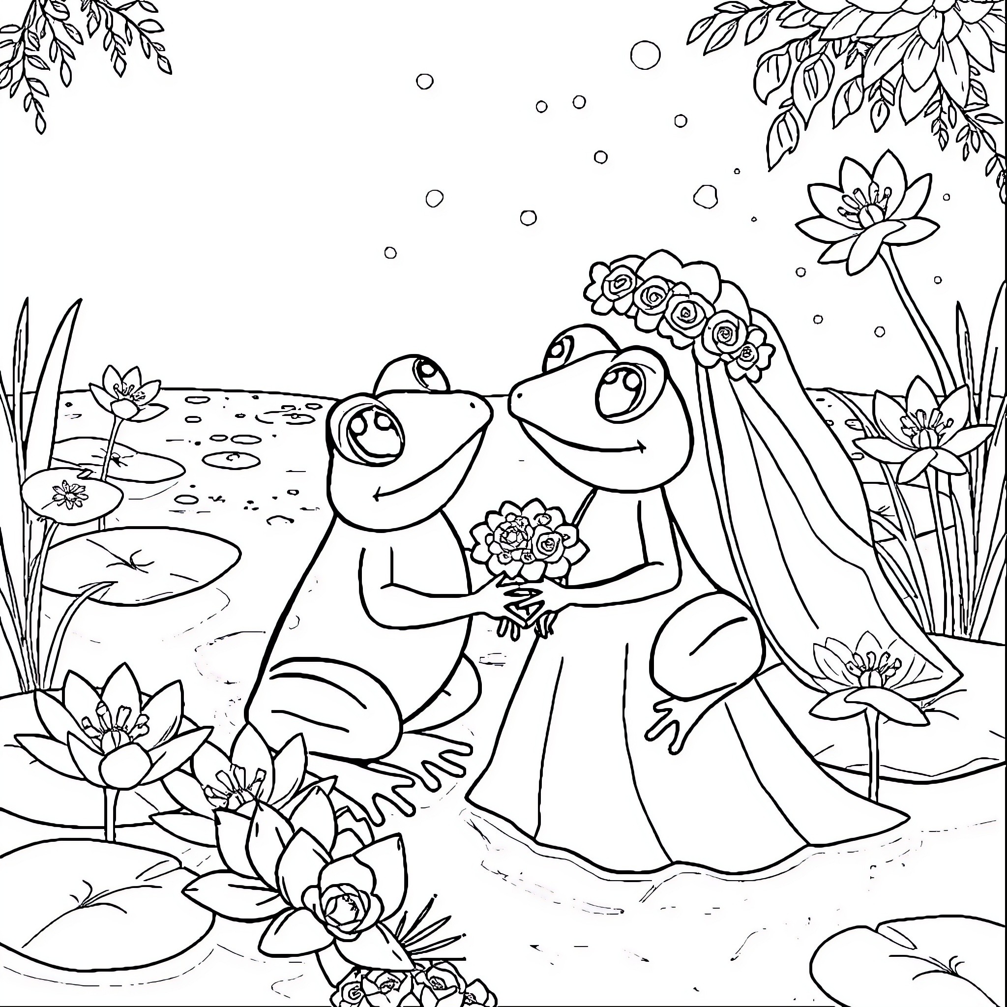 Frog couple enjoying a romantic wedding in the pond Coloring Page (free black-and-white line drawing printable PDF for all, from beginners to advanced learners, including children, teens, adults, and seniors)