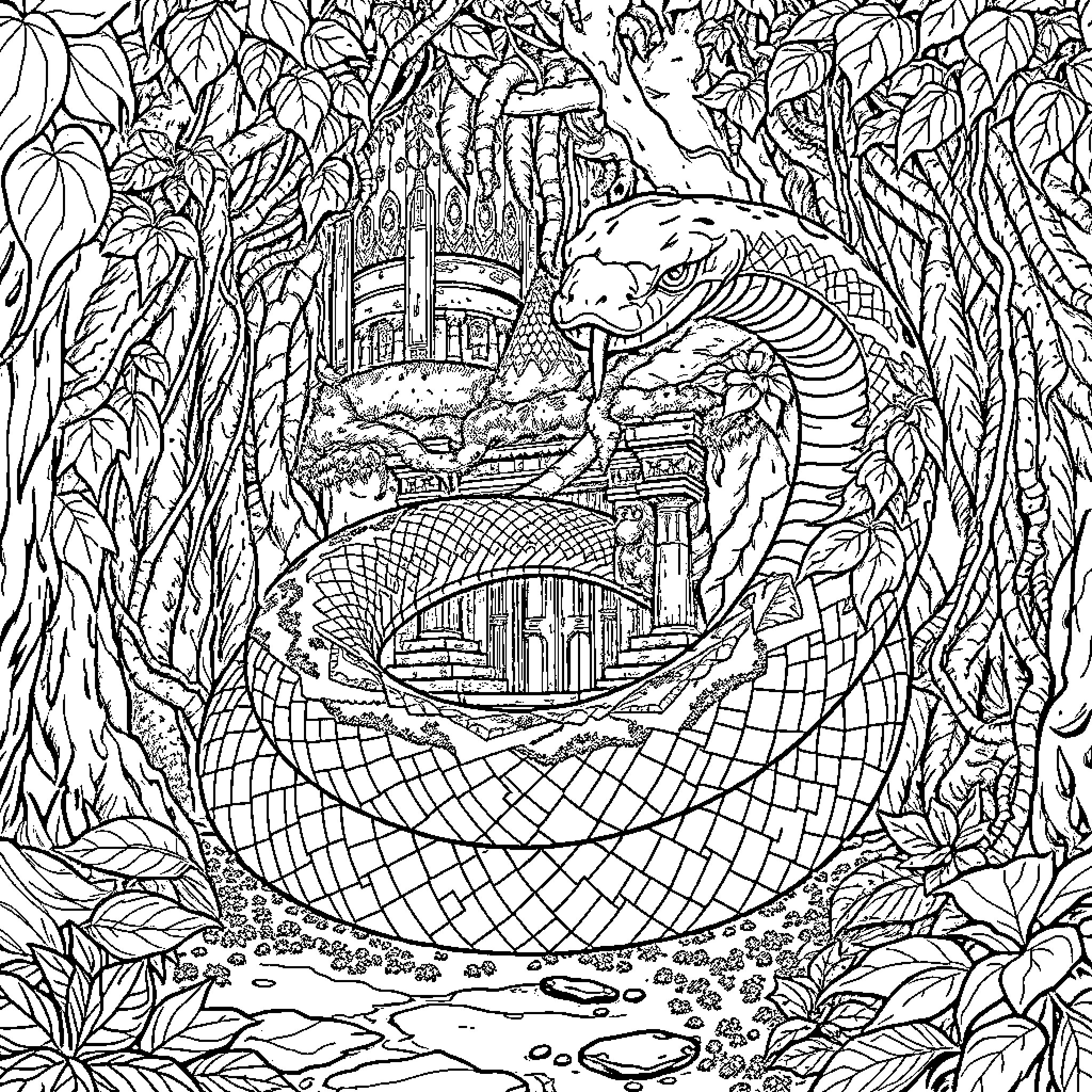 Snake guarding magical temple in enchanted forest Coloring Page (free black-and-white line drawing printable PDF for all, from beginners to advanced learners, including children, teens, adults, and seniors)
