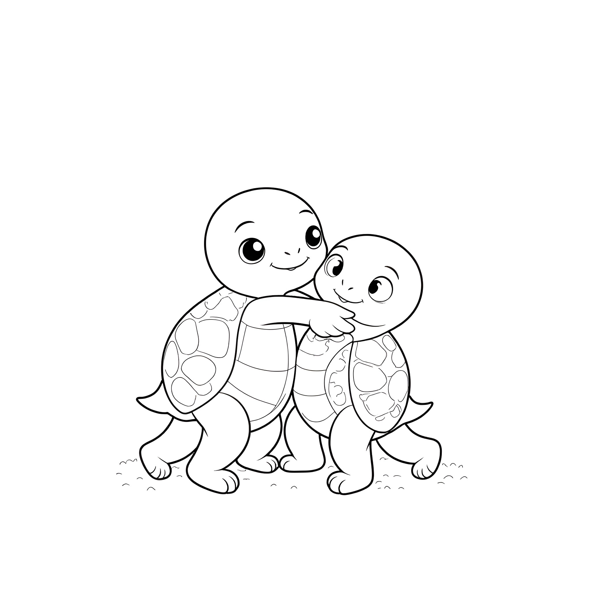Turtle friends hugging and smiling Coloring Page (free black-and-white line drawing printable PDF for all, from beginners to advanced learners, including children, teens, adults, and seniors)