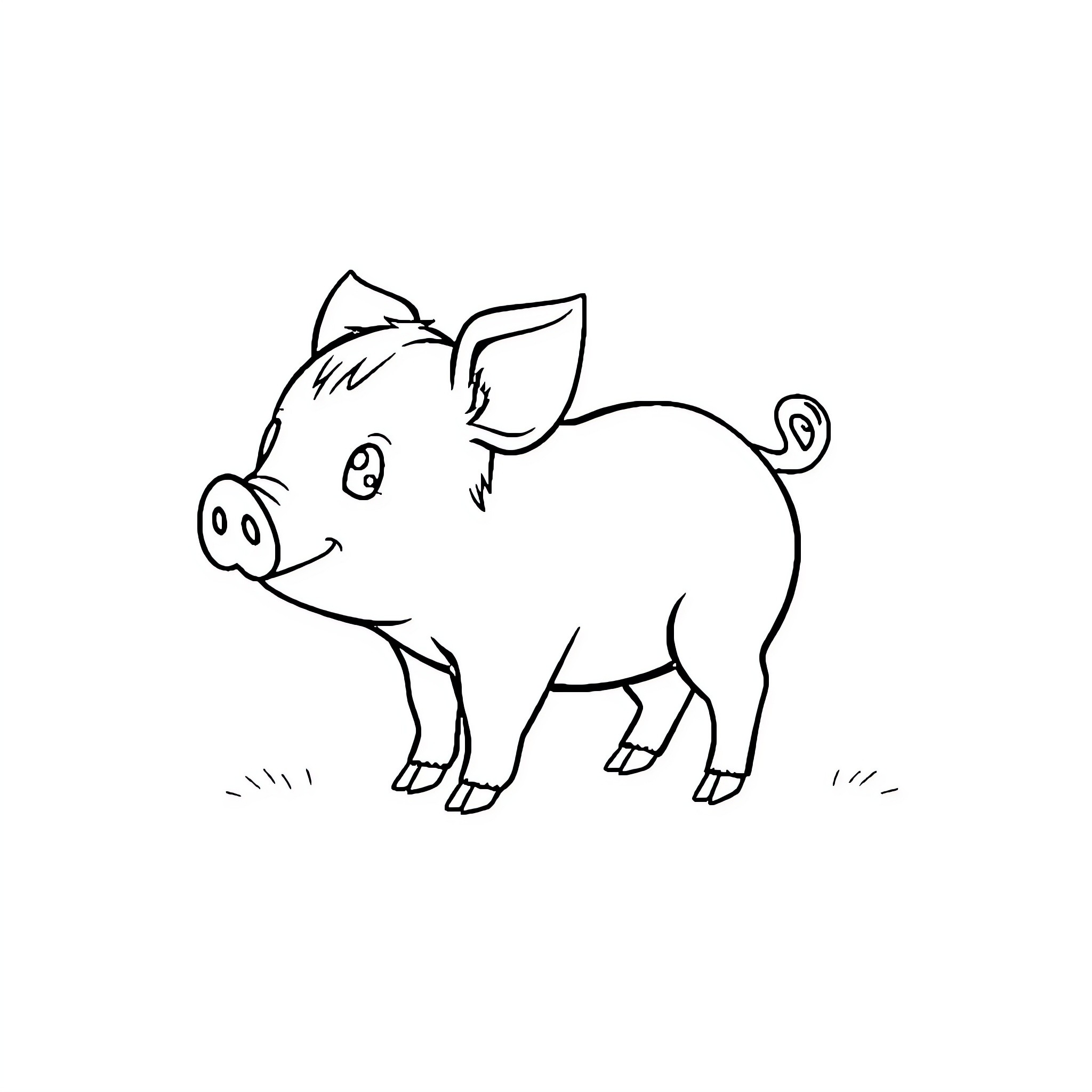 Pig standing curiously on the ground Coloring Page (free black-and-white line drawing printable PDF for all, from beginners to advanced learners, including children, teens, adults, and seniors)