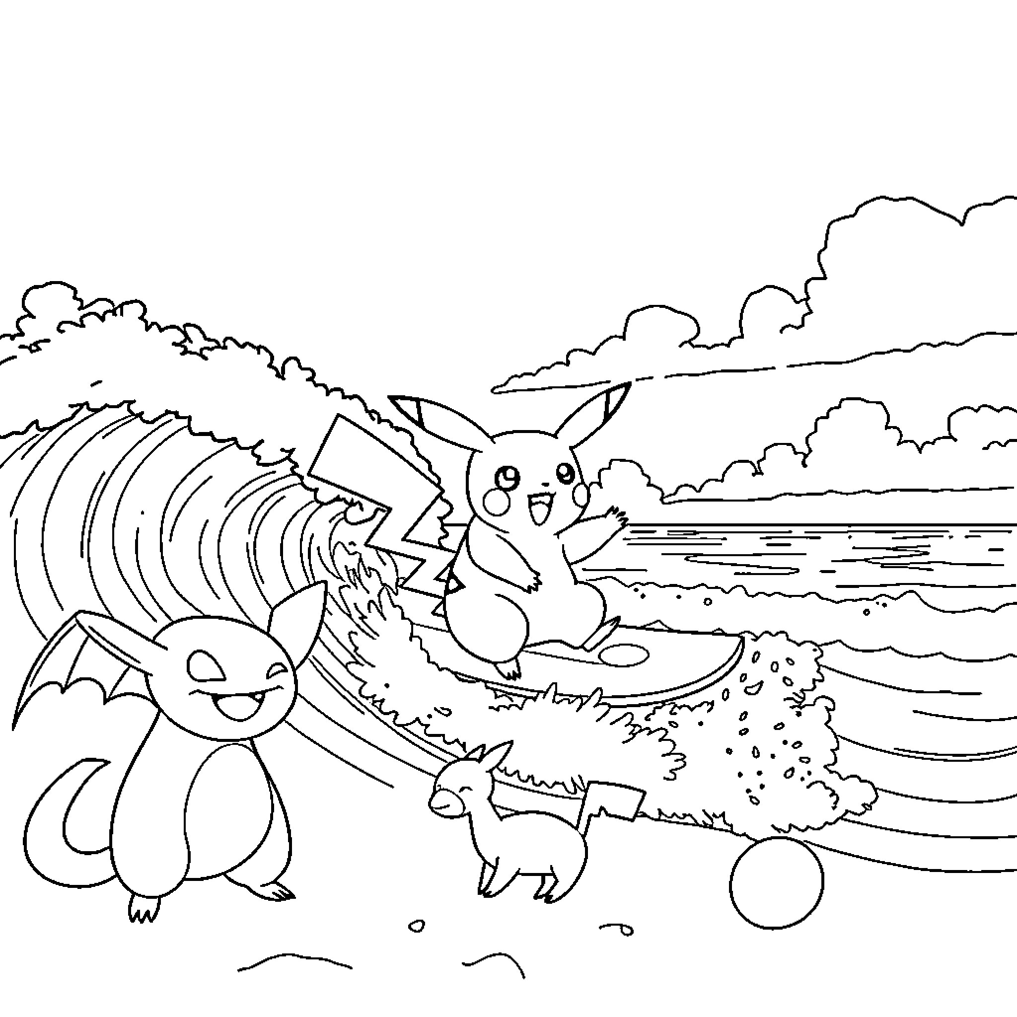 Pikachu playing by the beach with Pokemon friends Coloring Page (free black-and-white line drawing printable PDF for all, from beginners to advanced learners, including children, teens, adults, and seniors)